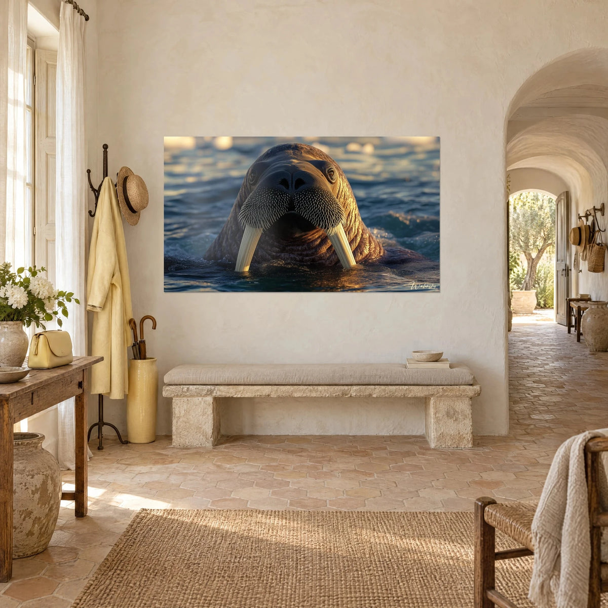 Quadro di pinnipede artico con baffi irti, pelle bruno ramato su onde grigio-azzurre, appeso all'ingresso di un casolare provenzale