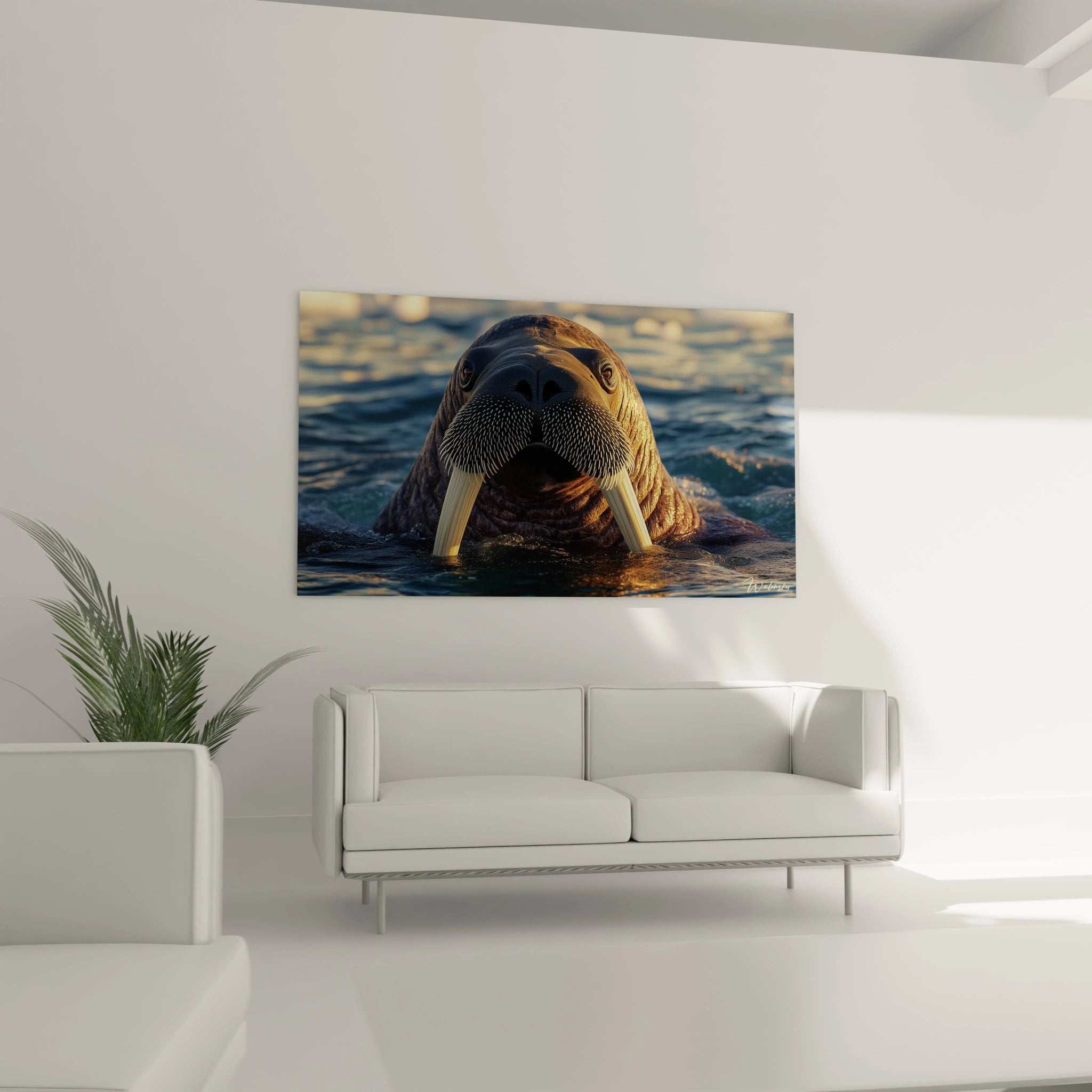 Un tableau morse capturant un spécimen dans son habitat aquatique naturel, avec ses caractéristiques défenses et vibrisses noires distinctives, peau brune ridée aux textures détaillées, illuminé par une lumière chaude contrastant avec les eaux froides.
