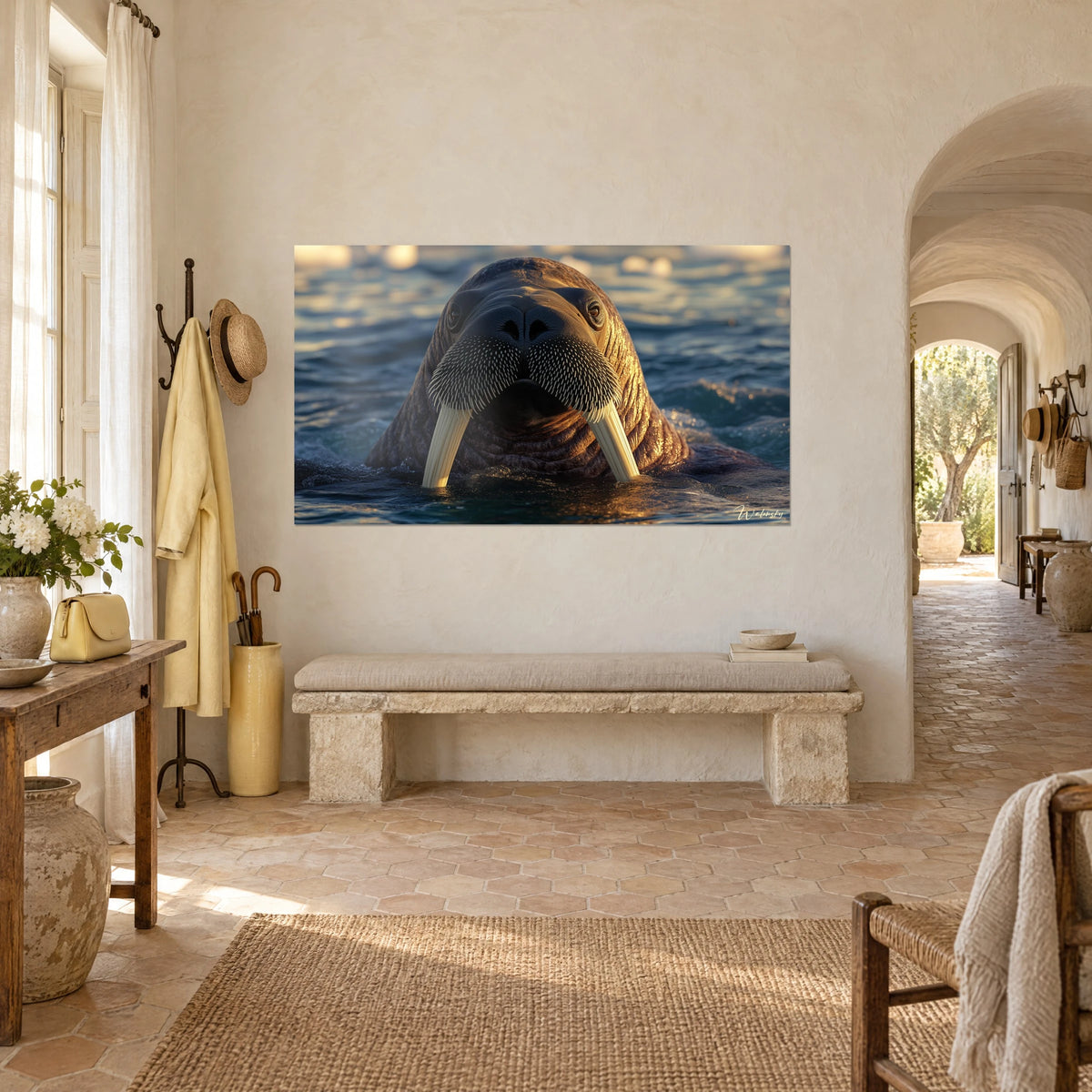 Wall art of an Arctic pinniped with bristling whiskers, copper-brown skin on blue-grey waves, hung in the entrance of a Provençal farmhouse