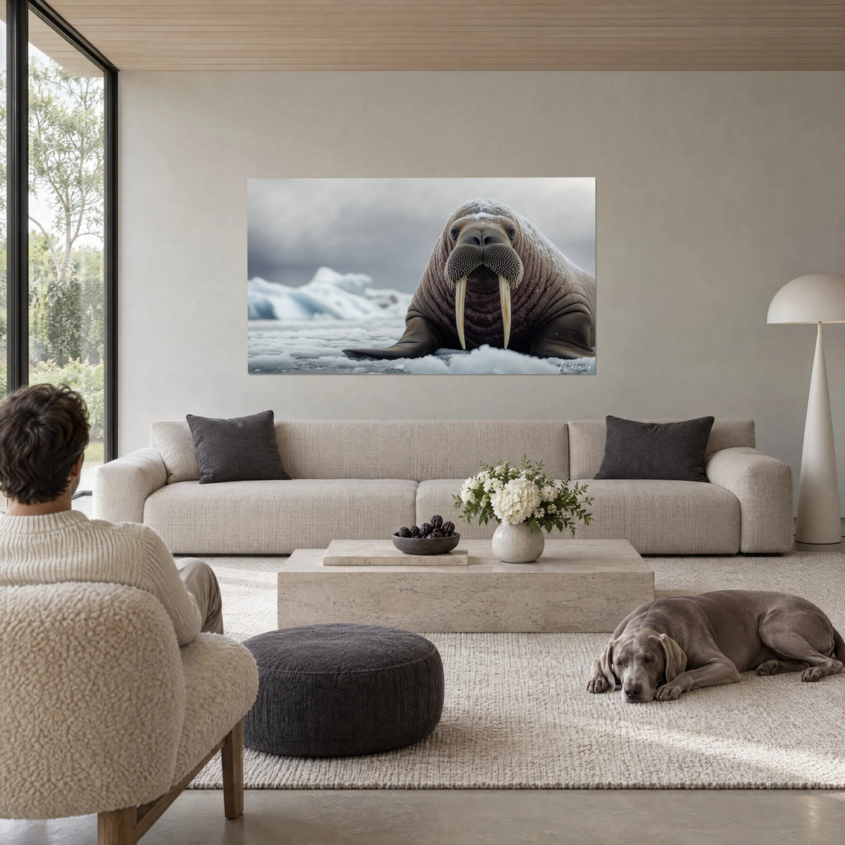 Gemälde Walross mit langen elfenbeinfarbenen Stoßzähnen auf grauem und bläulichem Packeis, Mann von hinten, grauer Hund, über einem Sofa in einem hellen Wohnzimmer