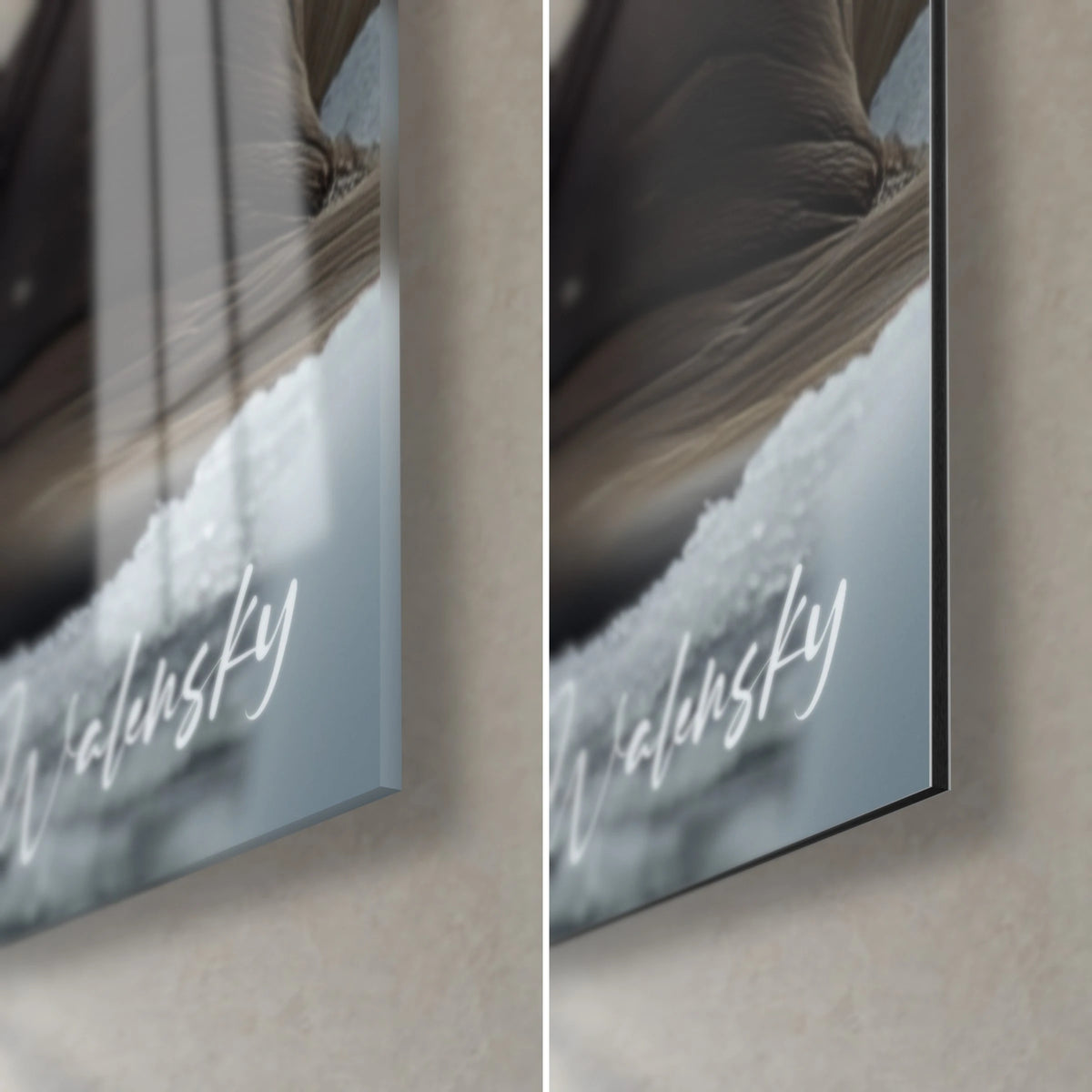 Gemälde Eisriese in Gletscherblau und Weiß, untere rechte Ecke: glänzendes Acrylglas links, mattes Dibond-Aluminium rechts, 3 mm Kante
