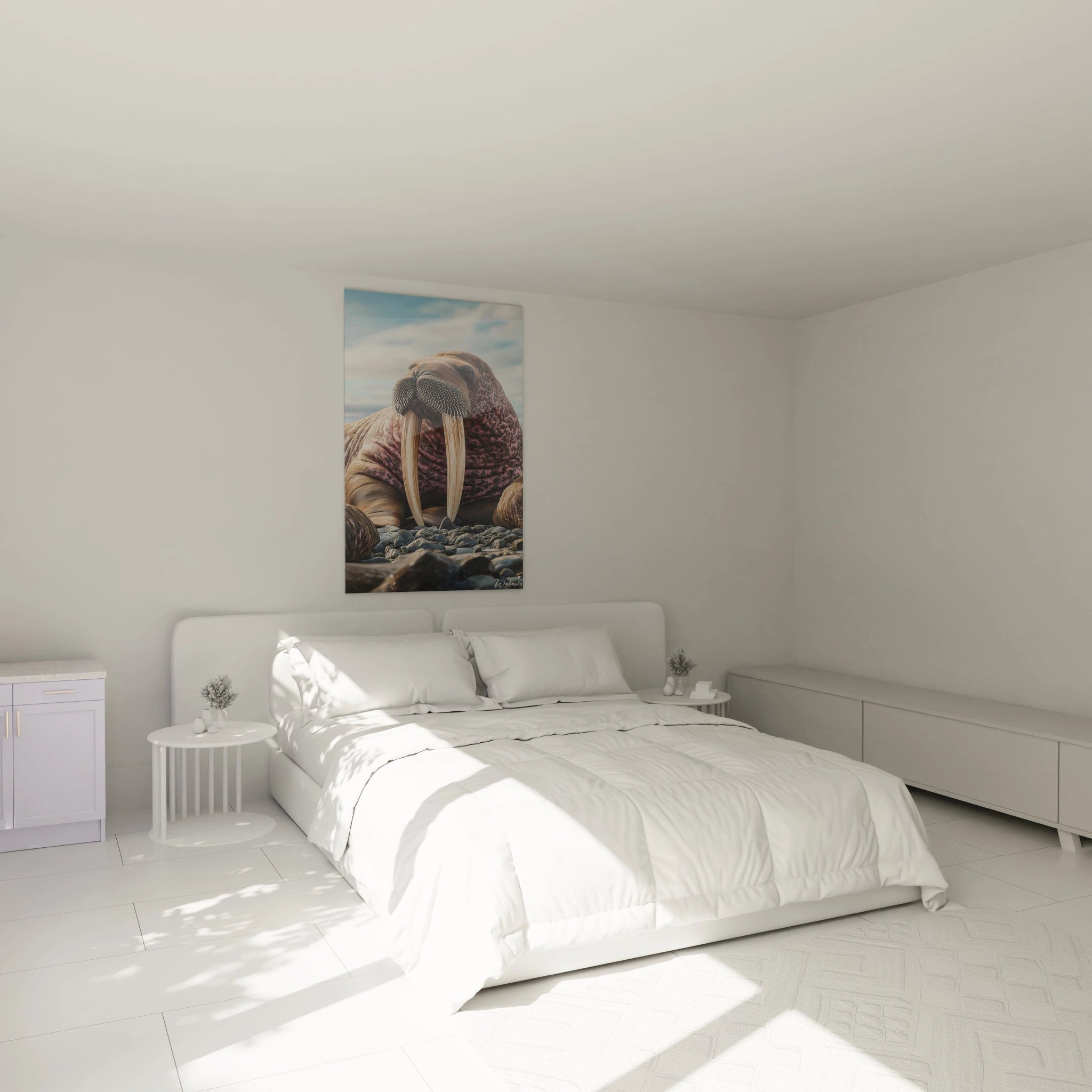 Un tableau morse détaillé capturant un gros plan frontal de ce mammifère marin arctique. Sa peau mouchetée marron-rose contraste avec ses longues défenses blanc-ivoire. L'œuvre montre l'animal sur un lit de pierres, avec une texture hyperréaliste sous un ciel bleu.
