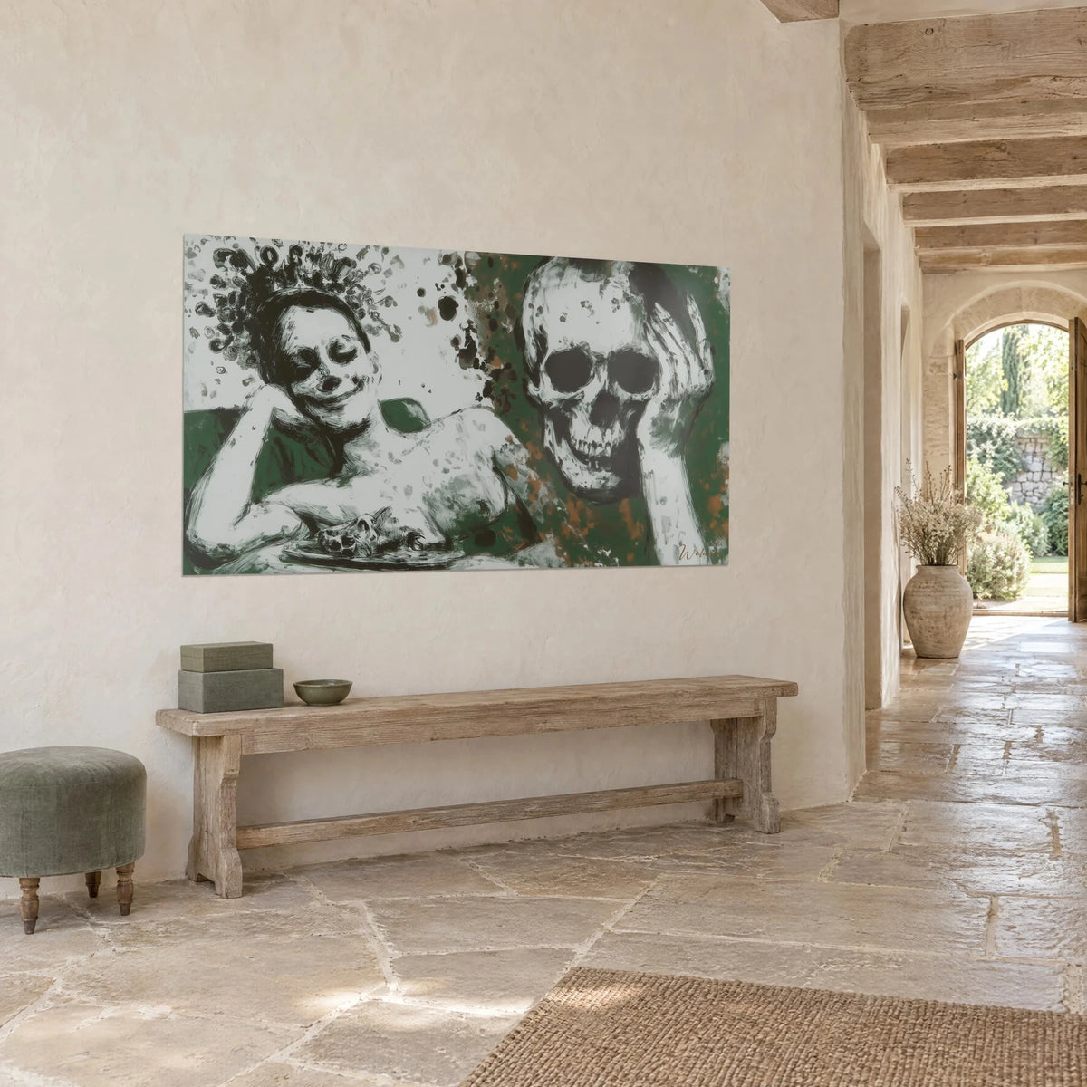 Wall art memento mori: smiling face with ink-black curls and a skull, forest green and ochre, in a stone corridor