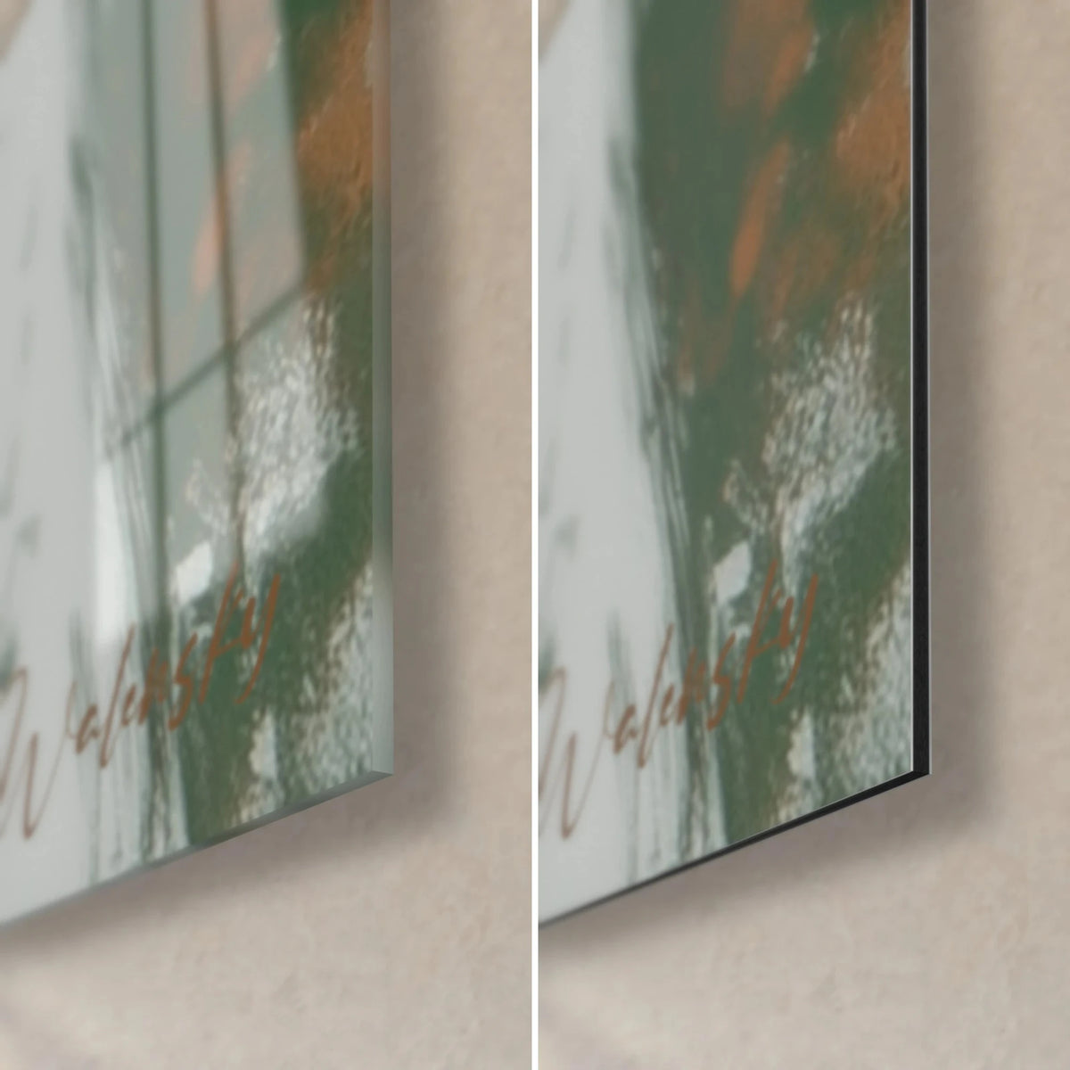 Wall art faded portrait and skull, bottom right corner: glossy acrylic glass on the left, matte black Dibond on the right, green and rust