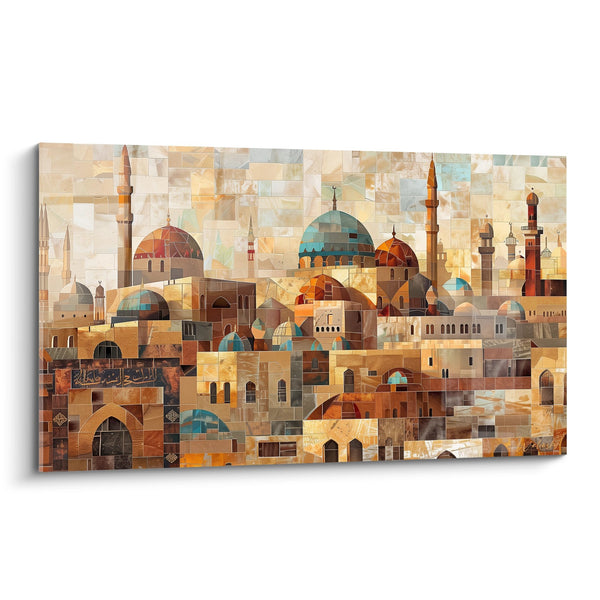 Cuadro Mosaico Arquitectónico en Tonos Ocre y Turquesa - Ciudad de Oriente - Edición Arte Islámico