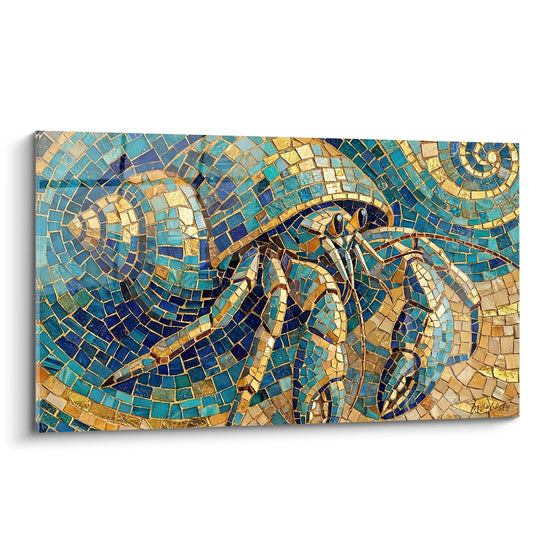 Mosaikgemälde mit blauen und goldenen Nuancen und stilisiertem Einsiedlerkrebs - byzantinische Meereskunst - Edition Einsiedlerkrebs