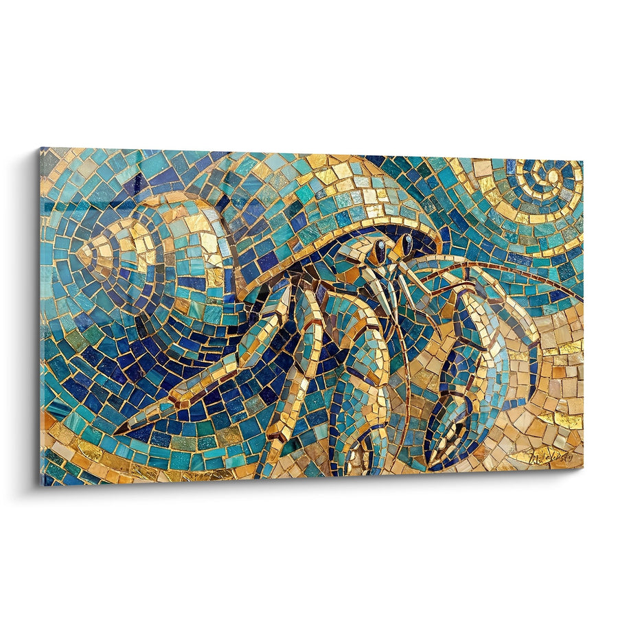 Tableau mosaïque aux nuances bleues et dorées avec bernard-l'hermite stylisé - Art Marin Byzantin - Edition Bernard-l'hermite