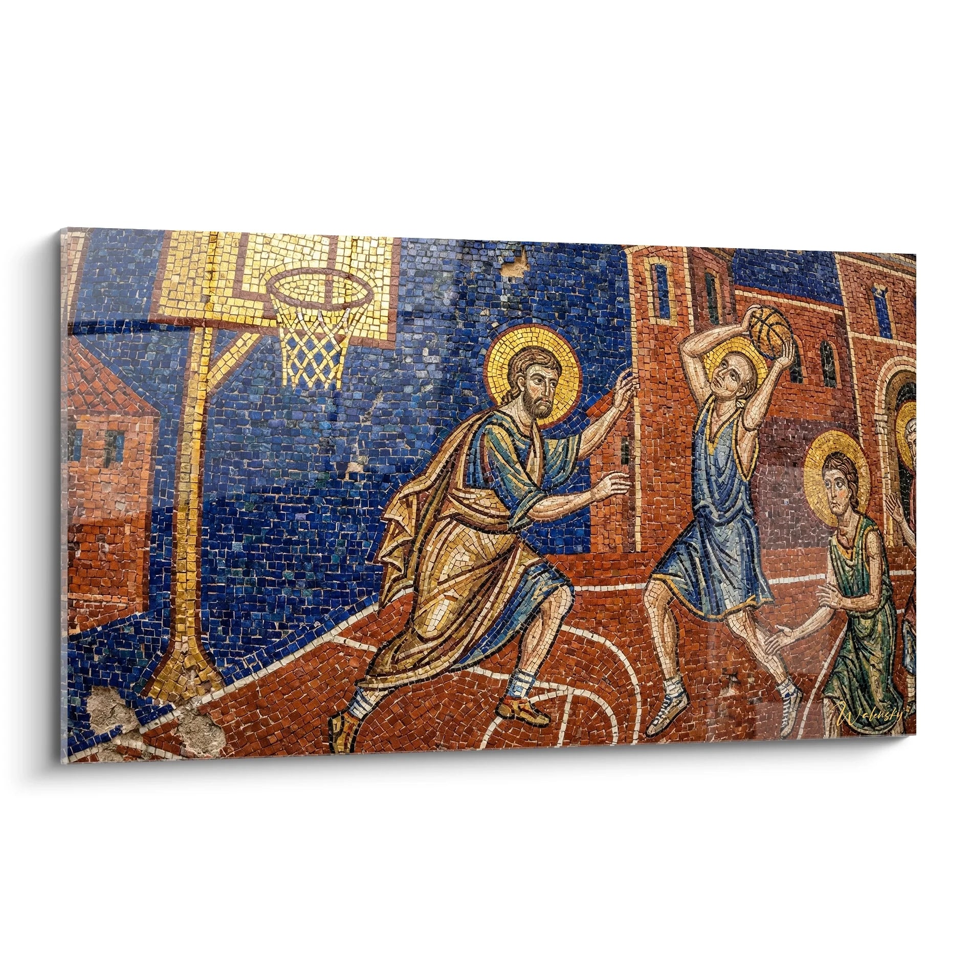 Tableau mosaïque byzantine avec personnages religieux et panier de basket, art mural décoratif