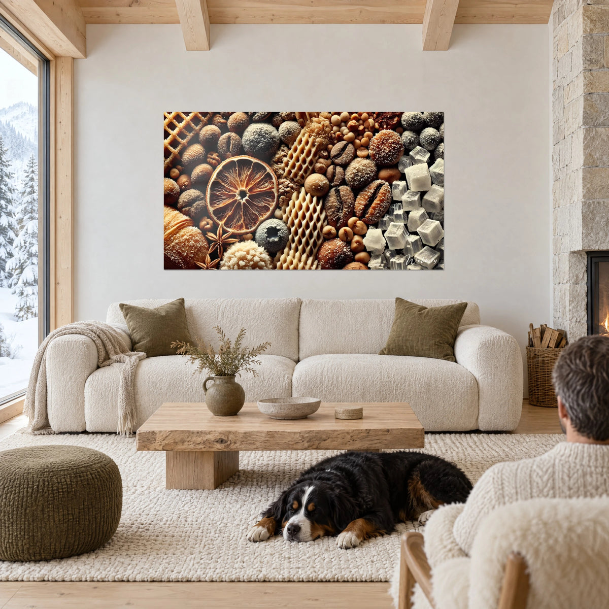 Schilderij aromamozaïek, amberkleurige gedroogde sinaasappel omringd door gouden wafelrolletjes en witte suiker, boven een bank in een lichte woonkamer