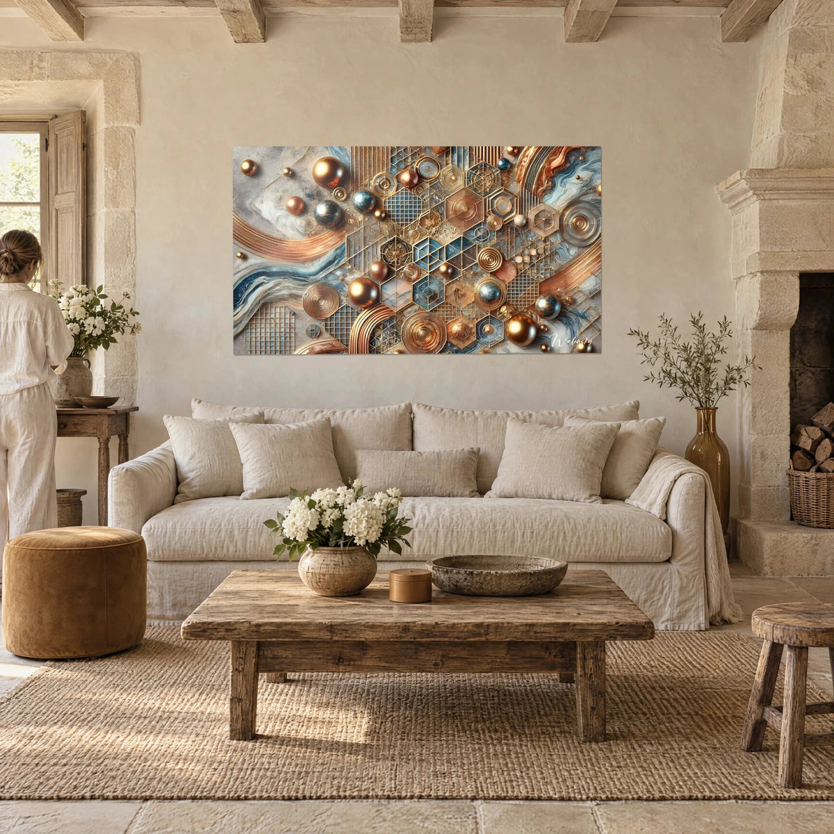 Gemälde mit kupfernen und goldenen Sechsecken-Mosaik, blauen Marmoradern, glänzenden Kugeln, über einem Sofa in einem hellen Wohnzimmer