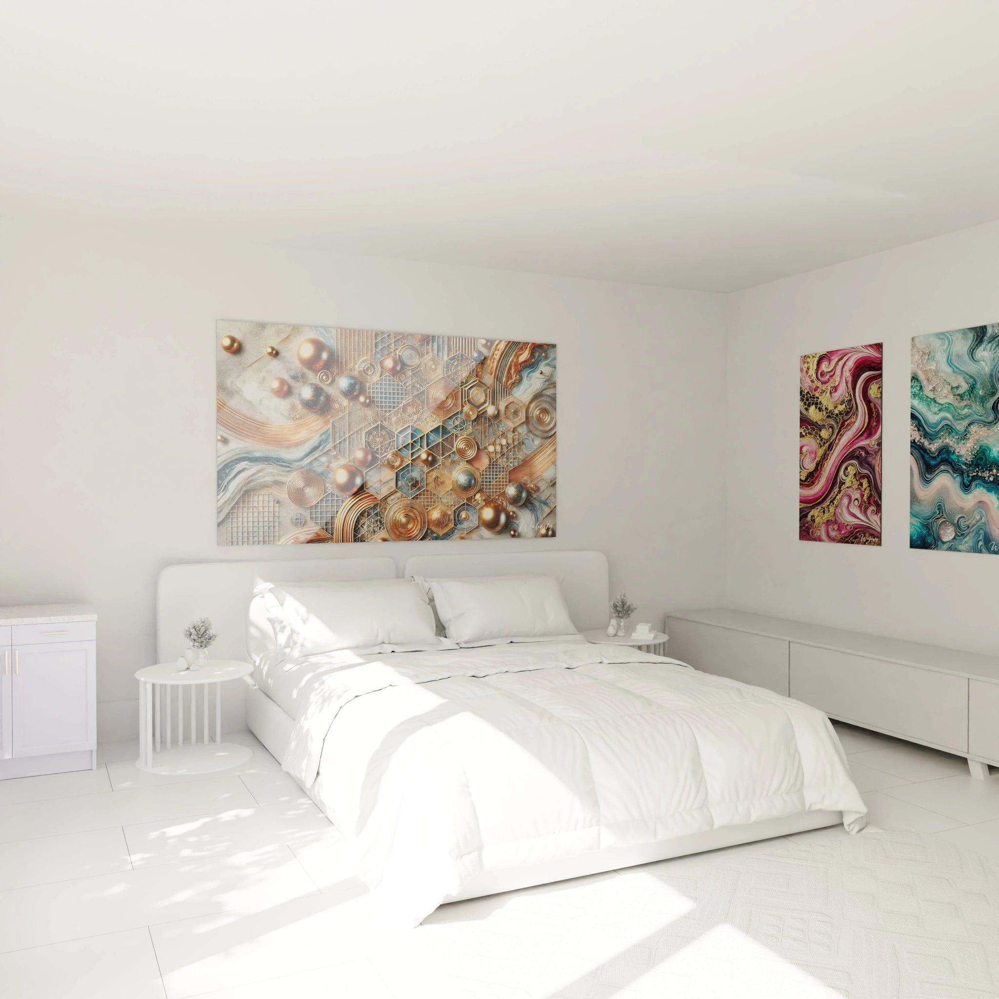 Accroché au-dessus du lit, ce tableau style epoxy évoque l’immensité de l’univers, avec ses sphères dorées et ses lignes géométriques, apportant luxe et sérénité à votre chambre.

