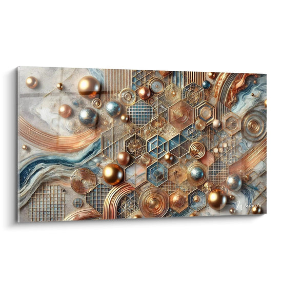Ce tableau style epoxy combine géométrie et cosmos avec des sphères dorées flottant sur une toile beige et bleue, créant une profondeur saisissante et un équilibre parfait entre chaos et structure.

