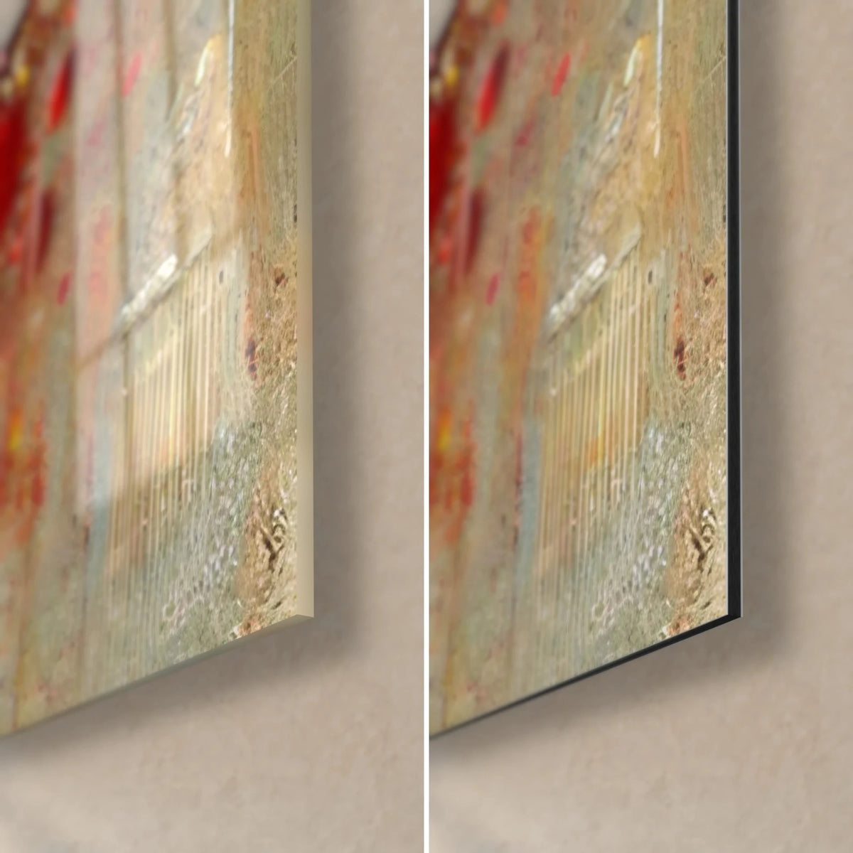 Quadro di cerchi di colore beige e oro, angolo in vetro lucido in basso a sinistra e Dibond opaco a destra, bordo da 3 mm