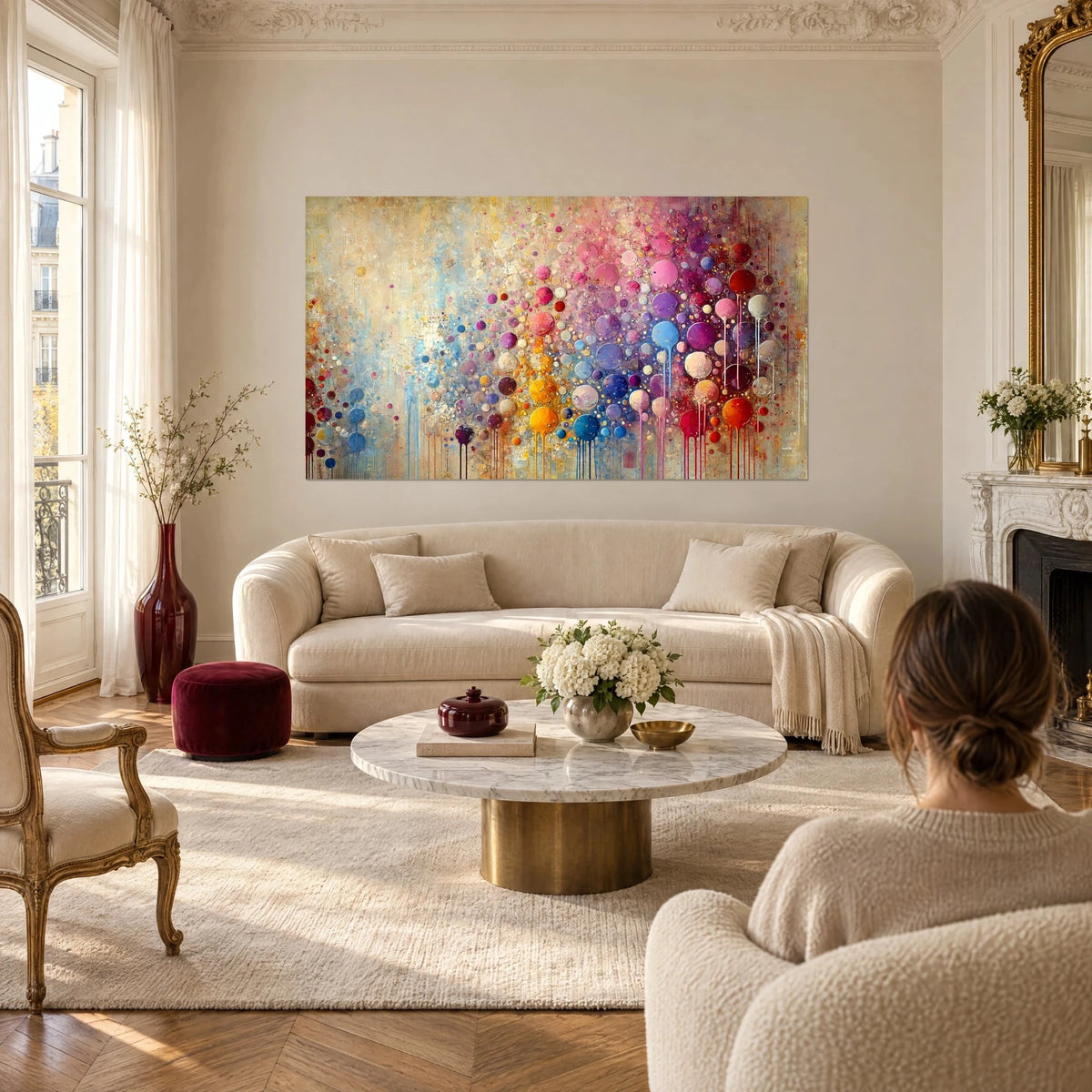 Quadro con bolle di colore rosa, blu e oro e colature verticali su fondo beige, sopra un divano in un soggiorno luminoso
