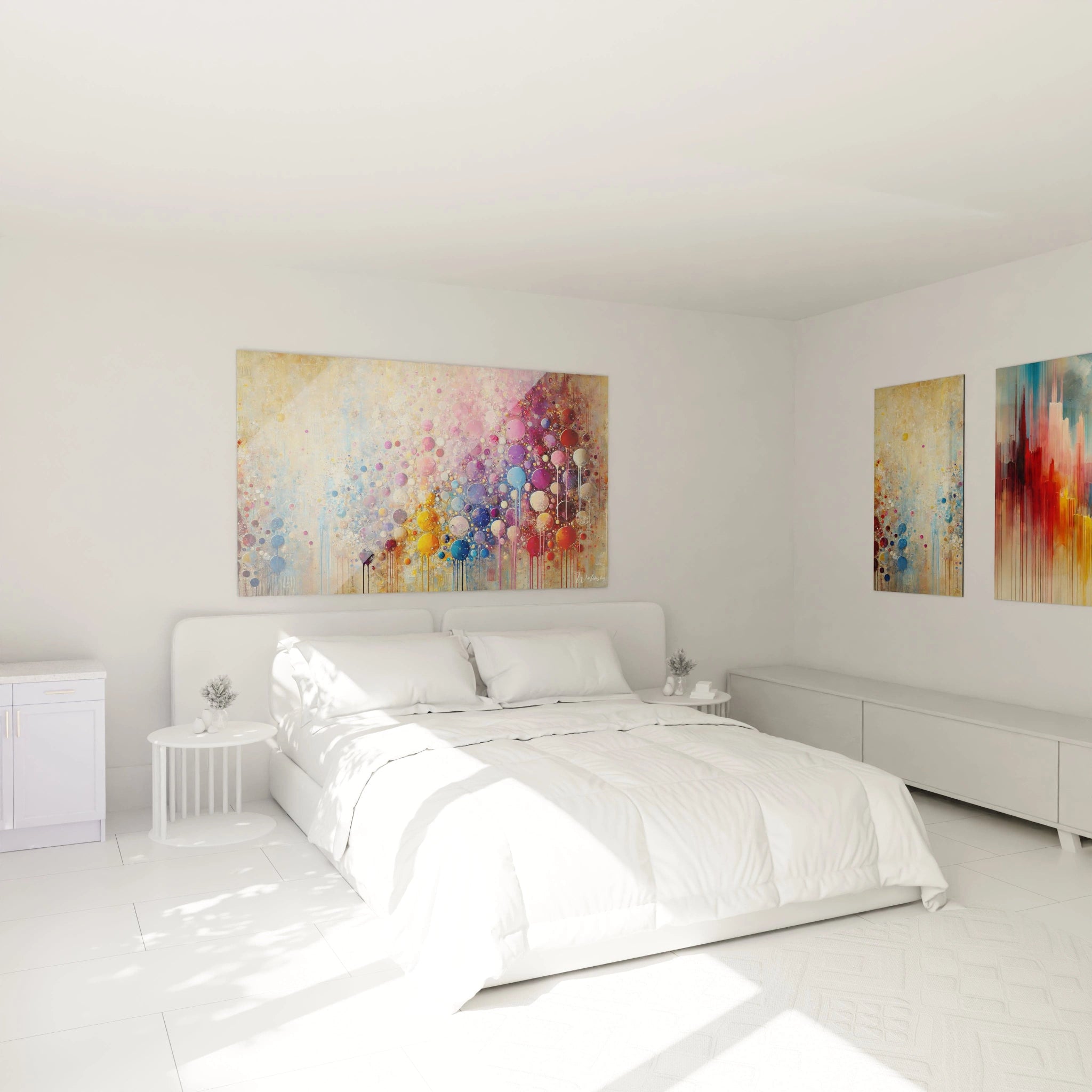 "Mosaïque de Sphères" s'intègre parfaitement dans la chambre, ajoutant une touche de couleur et de mouvement au-dessus du lit. Les sphères flottantes créent une ambiance harmonieuse et relaxante.

