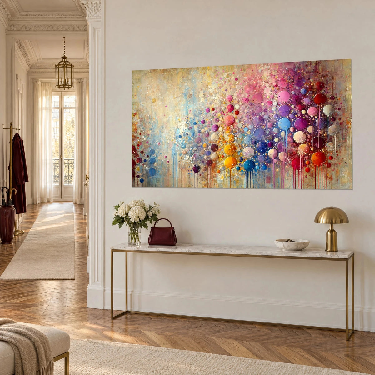 Quadro a mosaico di sfere viola, giallo zafferano e turchese con gocce sospese, su una parete bianca in stile haussmanniano