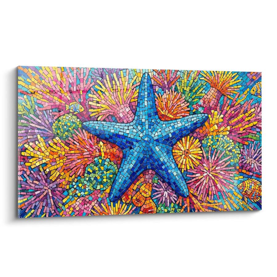 Tableau Étoile de Mer Bleue en Mosaïque Colorée sur Fond de Coraux Éclatants - Symphonie Marine - Edition Etoile de mer