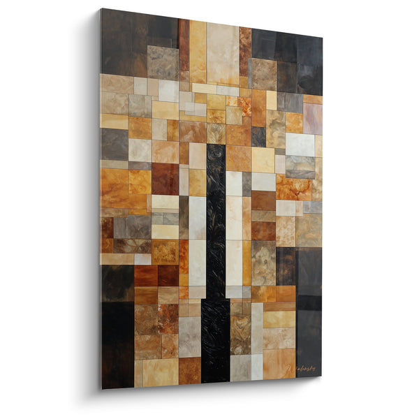 Cuadro mosaico geométrico en tonos ocre y beige con acento negro vertical - Armonía Terrestre - Edición Feng shui Centro Tierra