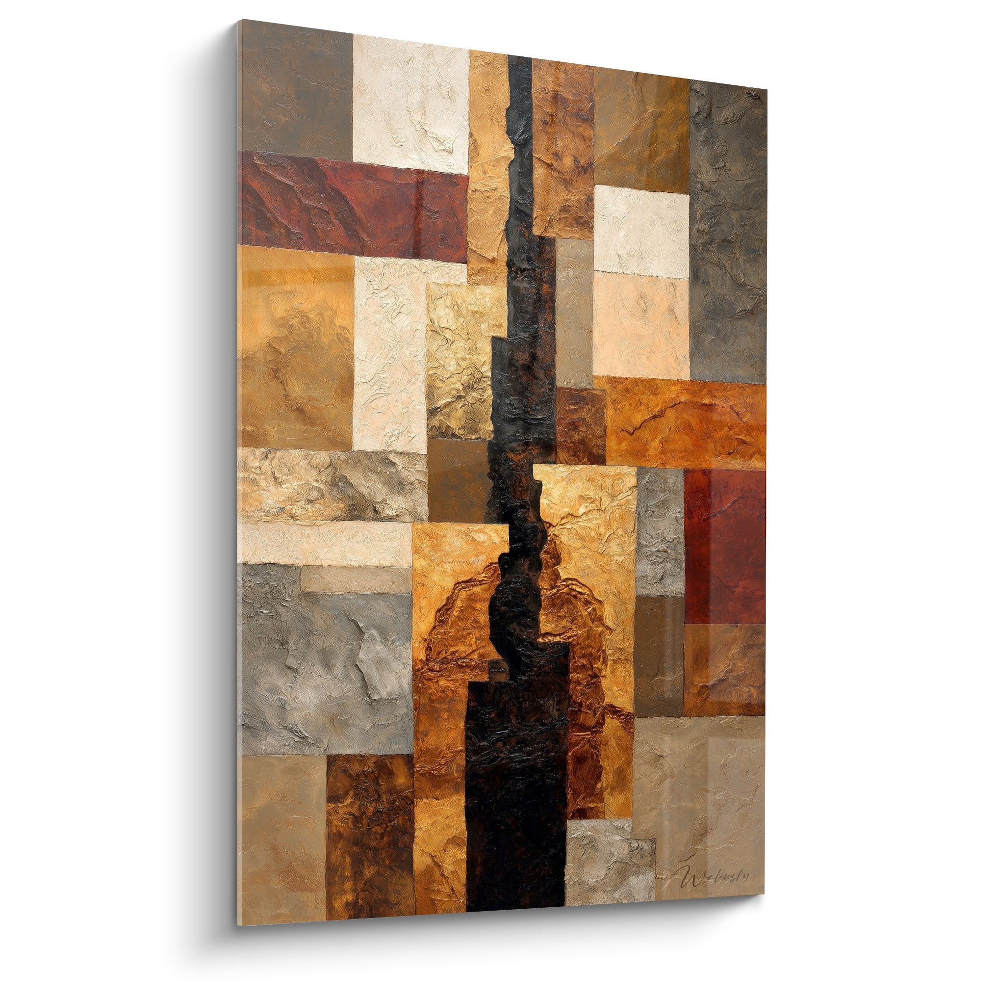 Tableau mosaique geometrique tons ocre beige avec fissure noire centrale feng shui centre terre