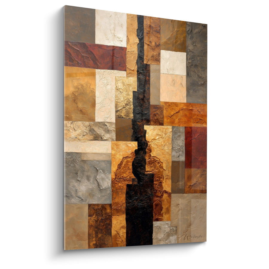 Tableau mosaïque géométrique tons ocre et terre avec fissure noire centrale - Harmonie tellurique - Edition Feng shui Centre Terre