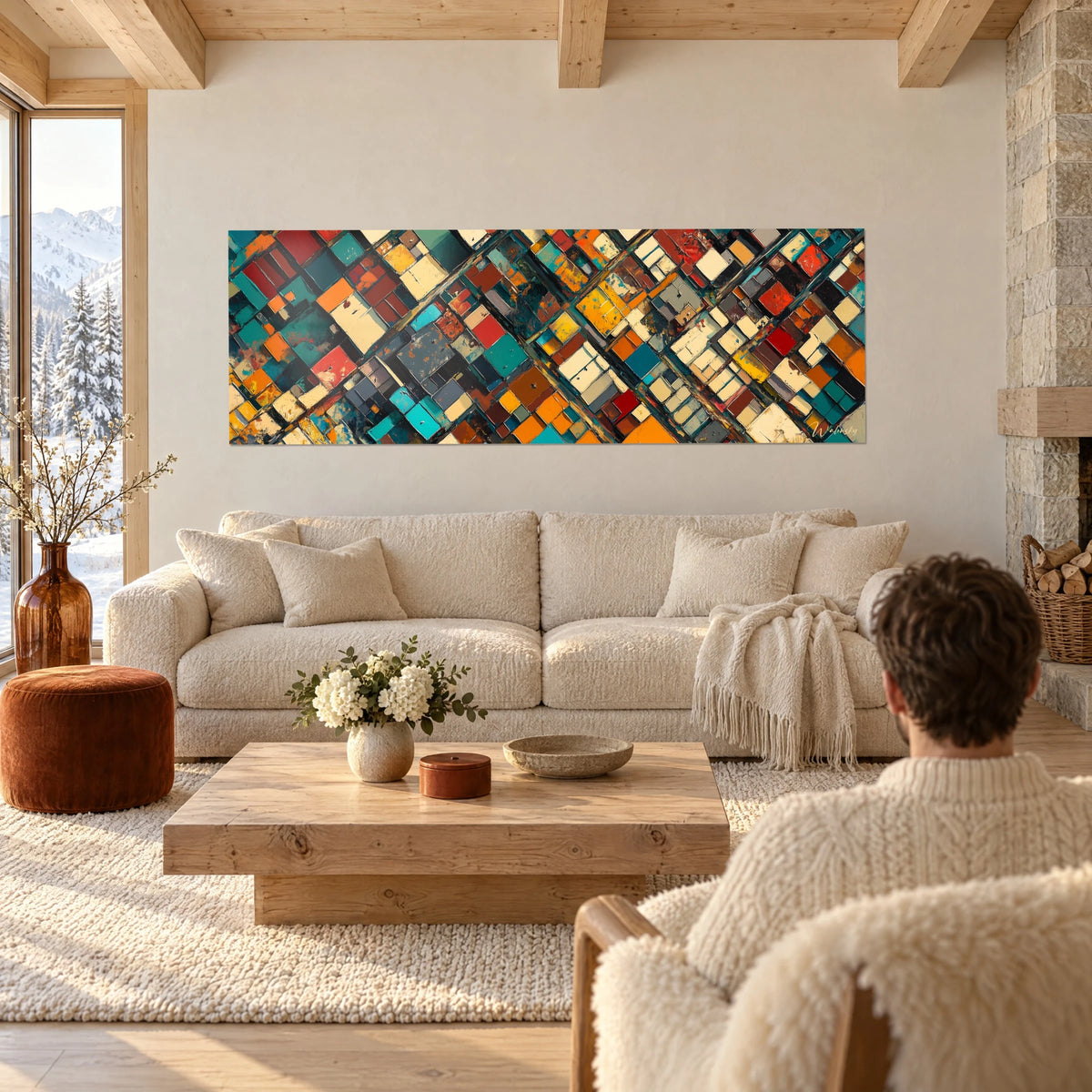 Cuadro mosaico de cuadrados naranjas, turquesas y crema en panorámica, una pareja de espaldas sobre un sofá en un salón luminoso
