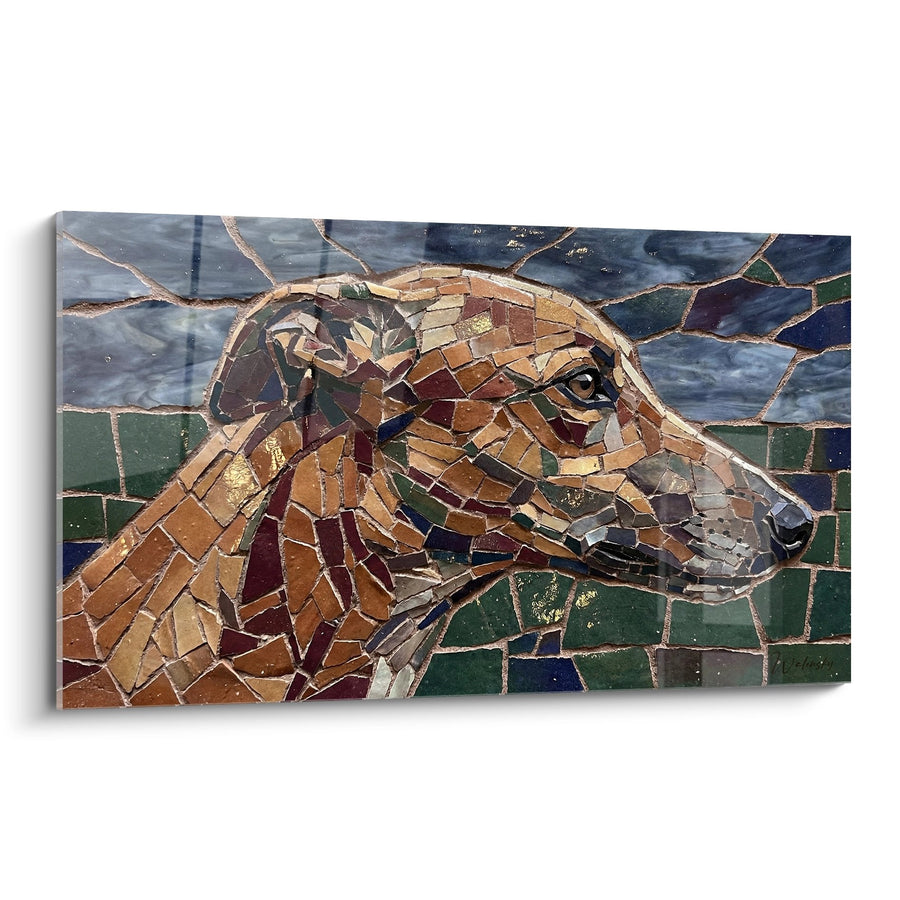 Tableau Lévrier Mosaïque Tons Ocre et Bleus - Portrait Artistique en Tesselles - Edition Lévrier Greyhound