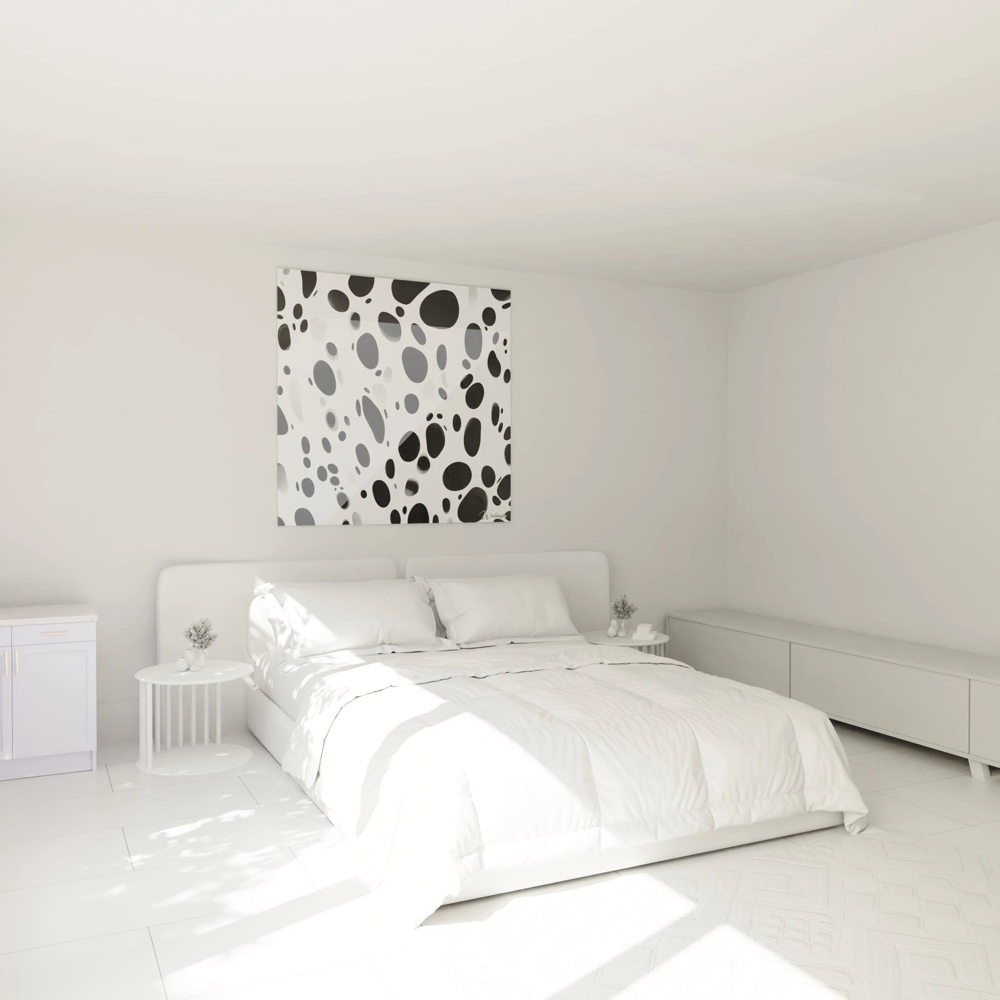 Tableau tacheté noir et blanc de Walensky accroché dans une chambre lumineuse et moderne