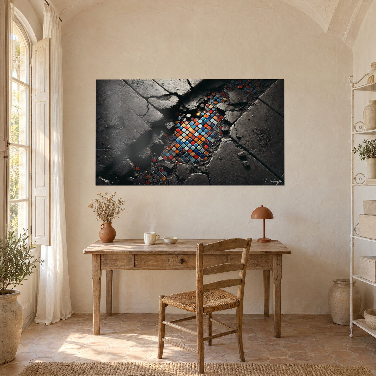 Schilderij streetart met zwarte scheuren en tegels in amber, rood en turquoise, boven een houten bureau gehangen