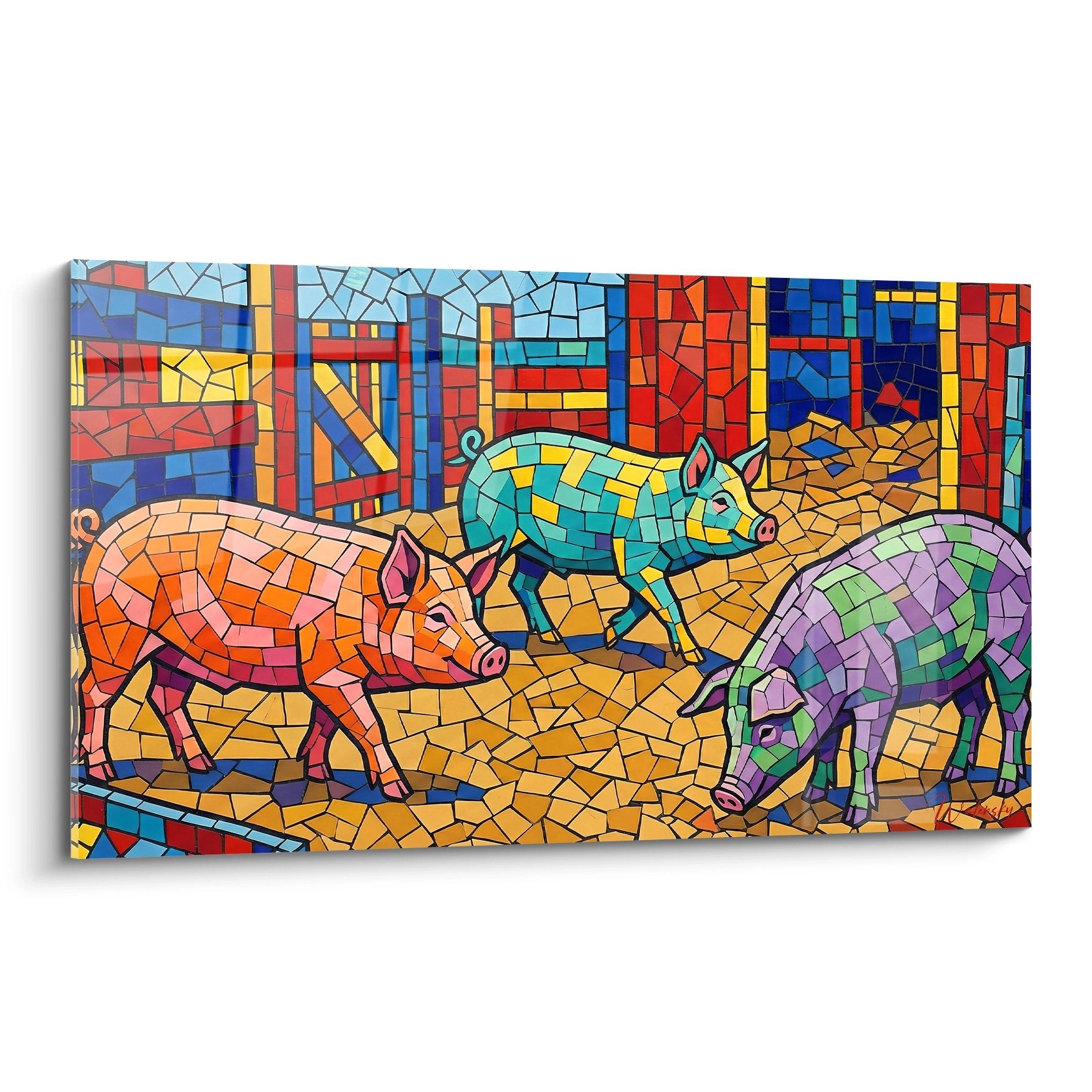 Mosaikbild drei bunte Schweine Glasmalerei-Stil urbane Dekoration orange Türkis Violett Töne
