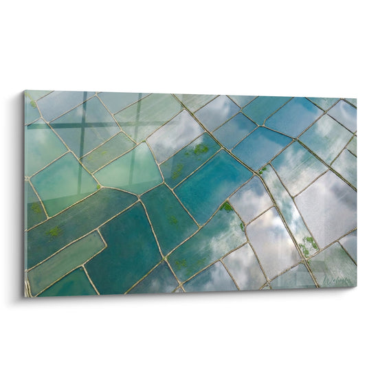 Quadro mosaico di piastrelle turchese e verde con riflessi dorati - Prospettive acquatiche - Edizione Risaie