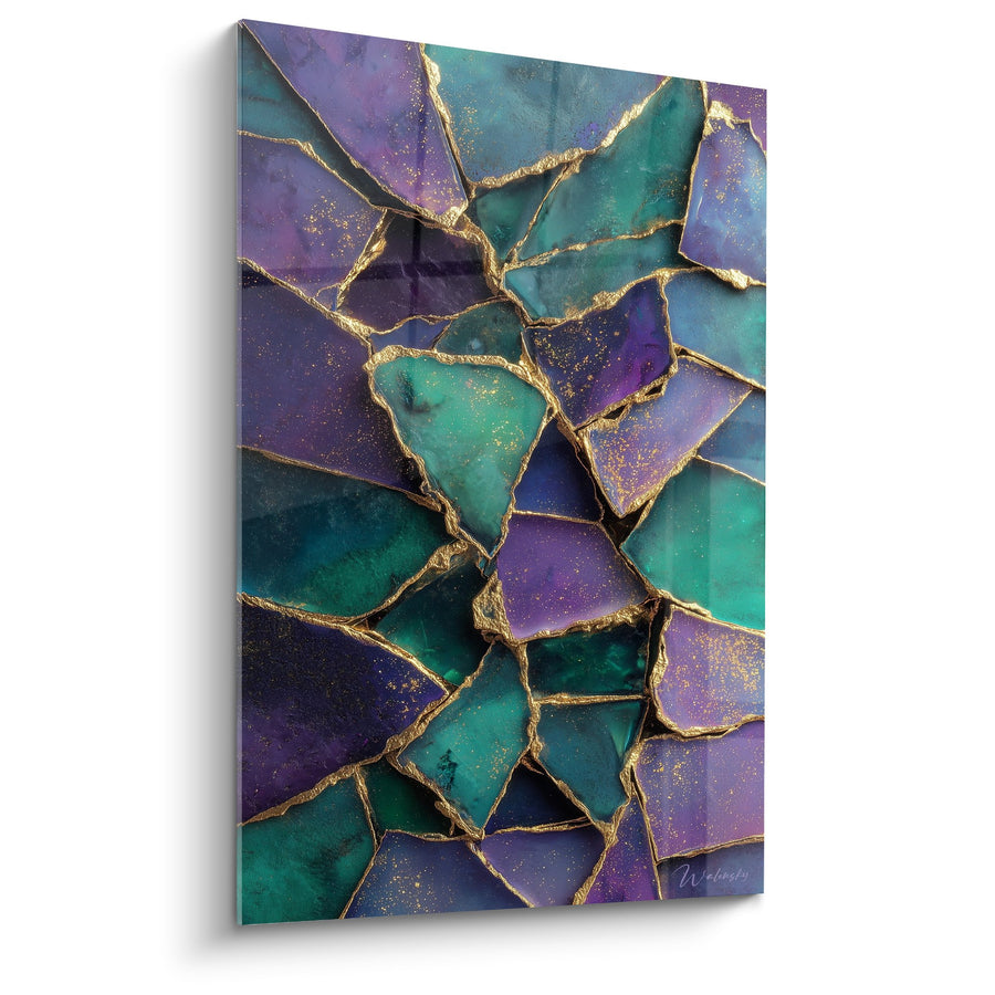 Tableau Mosaïque Abstraite Violette et Turquoise aux Veines Dorées - Harmonie Cristalline - Edition Feng shui Sud-Est Bois