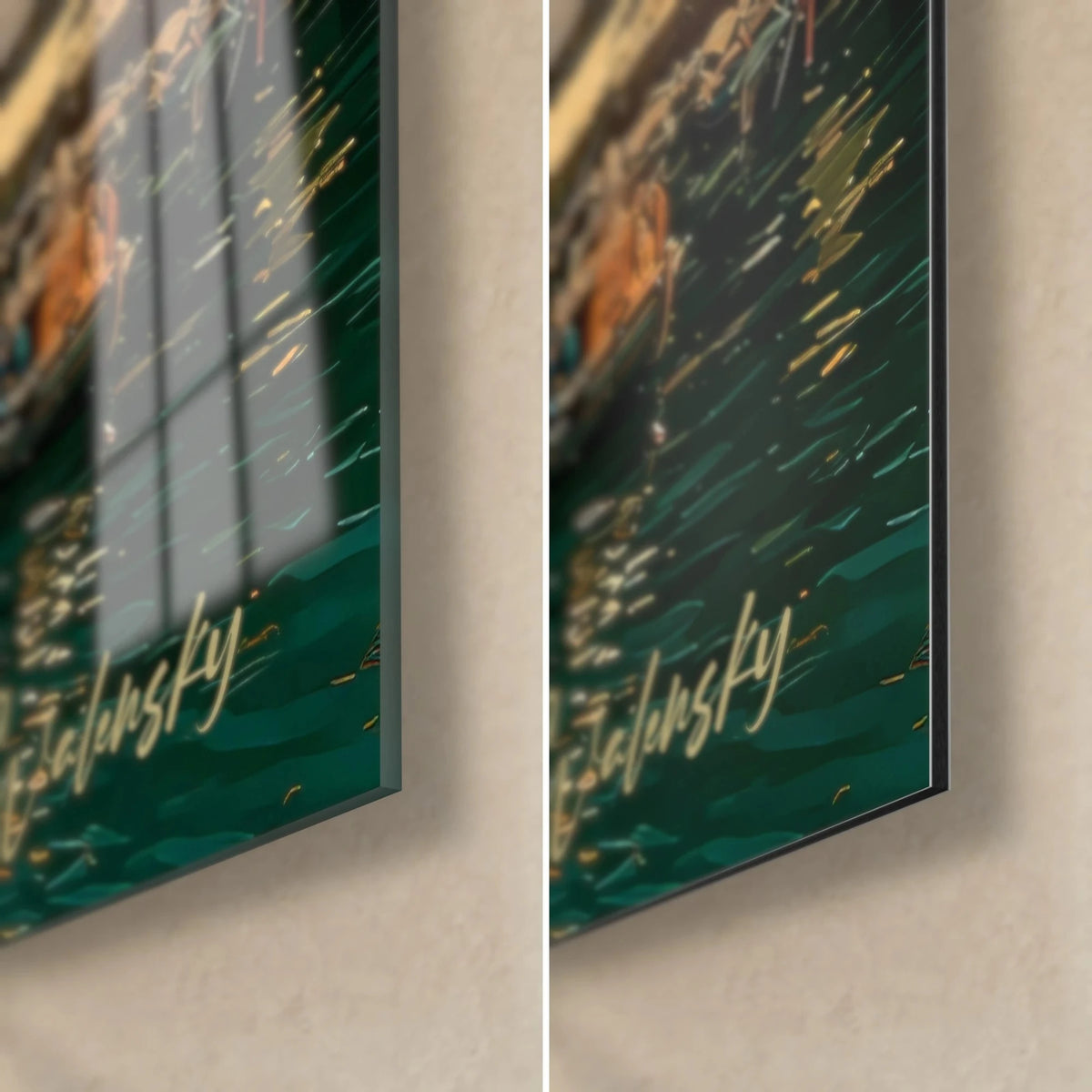 Gemälde goldene Kuppel über einem blaugrünen Kanal, unten rechts goldene Signatur, glänzendes Glas mit Reflexen, mattes Dibond und 3 mm Kante