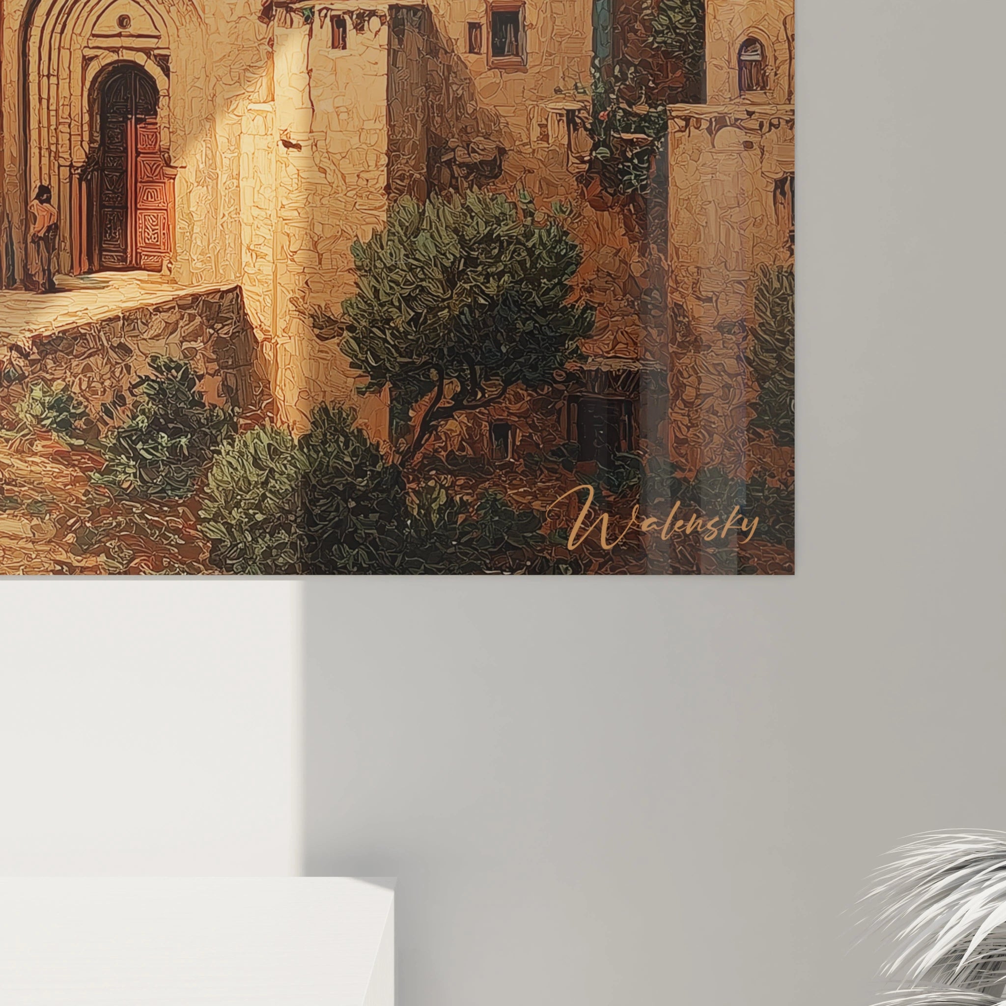 Tableau mural Walensky représentant une vieille mosquée en pierres et végétation tableau mosquée coupole rouge
