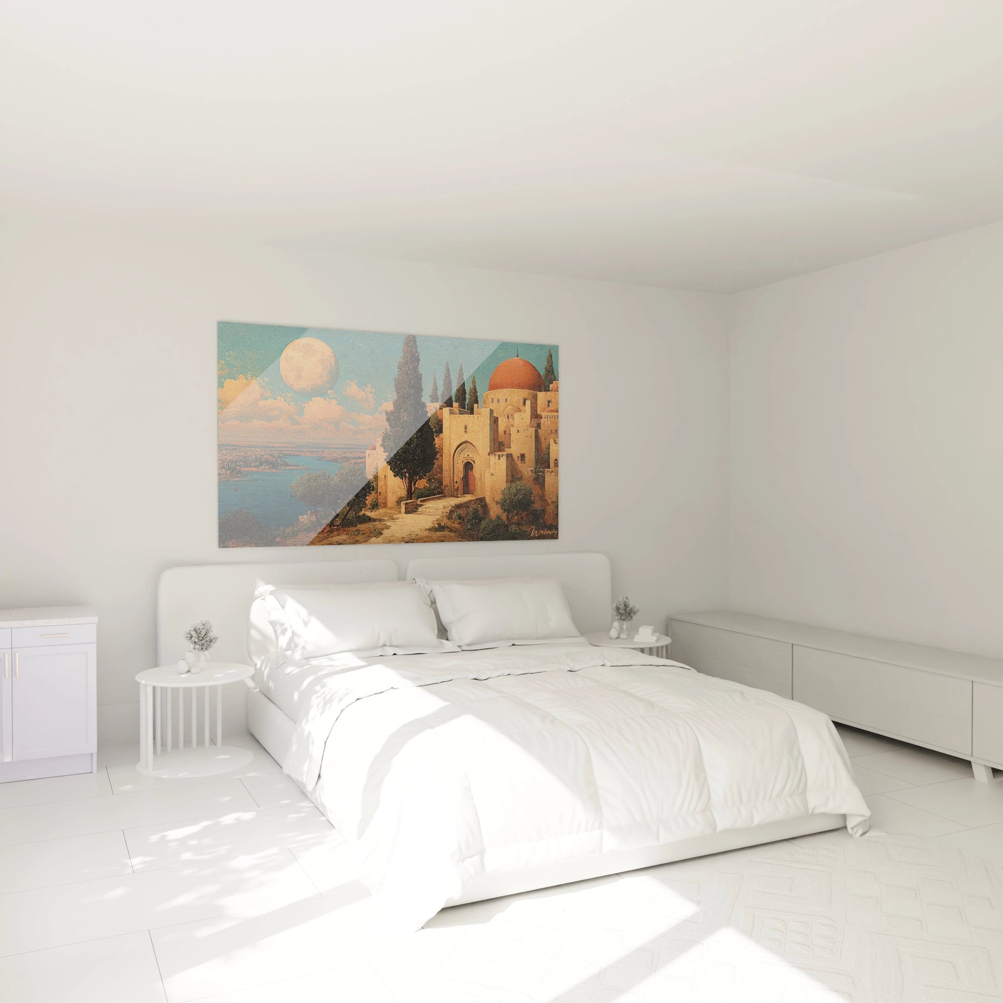 Tableau mural Walensky tableau mosquée coupole rouge au dessus d un lit blanc minimaliste style mediterraneen
