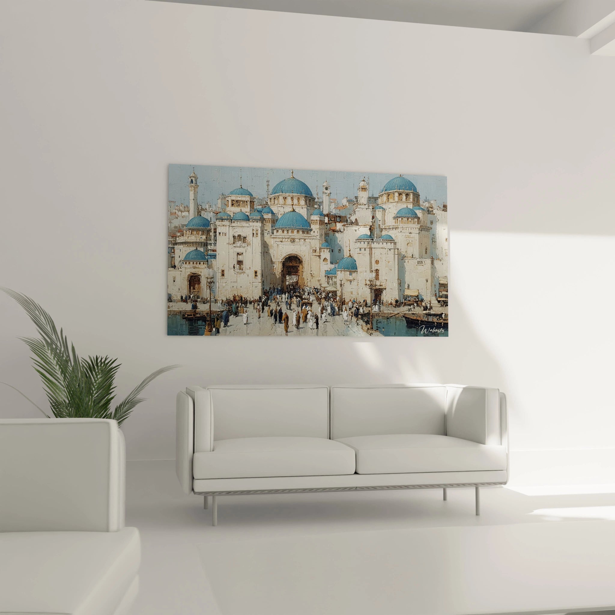 tableau mosquée orientalisme Walensky montrant une grande mosquée aux dômes bleus avec foule accroché au mur d un salon moderne