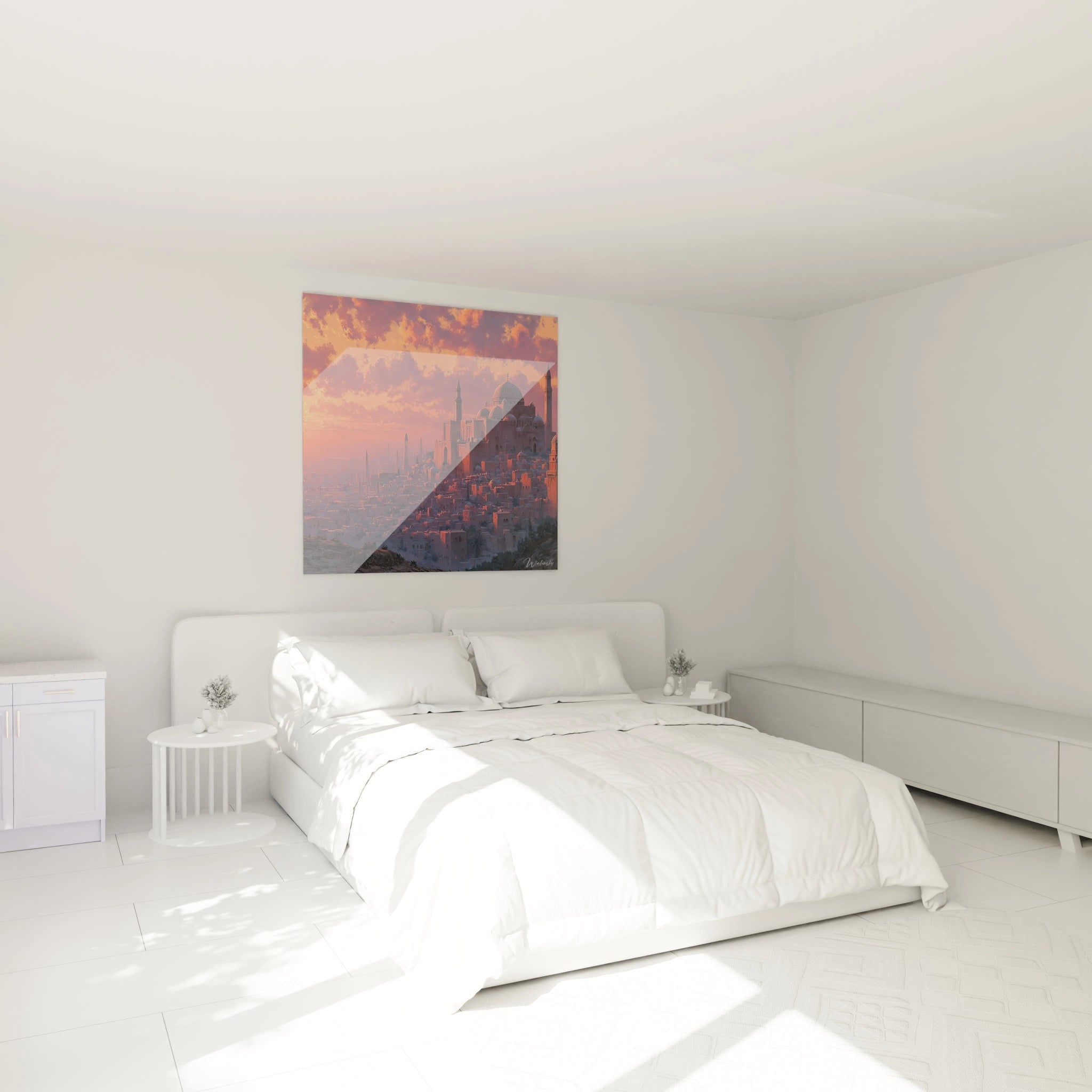 tableau mosquée ottoman Walensky accroché au dessus de lit blanc minimaliste au coucher du soleil