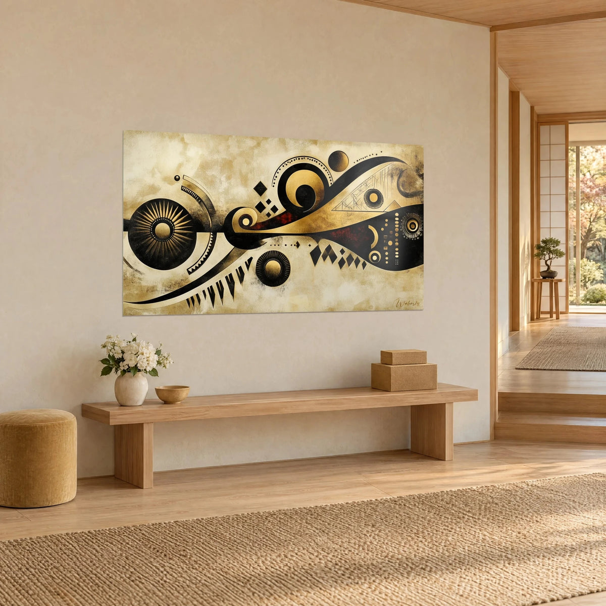 Tableau frise géométrique ocre et noir aux soleils rayonnants, losanges et volutes, sur un mur beige près d'un banc en bois