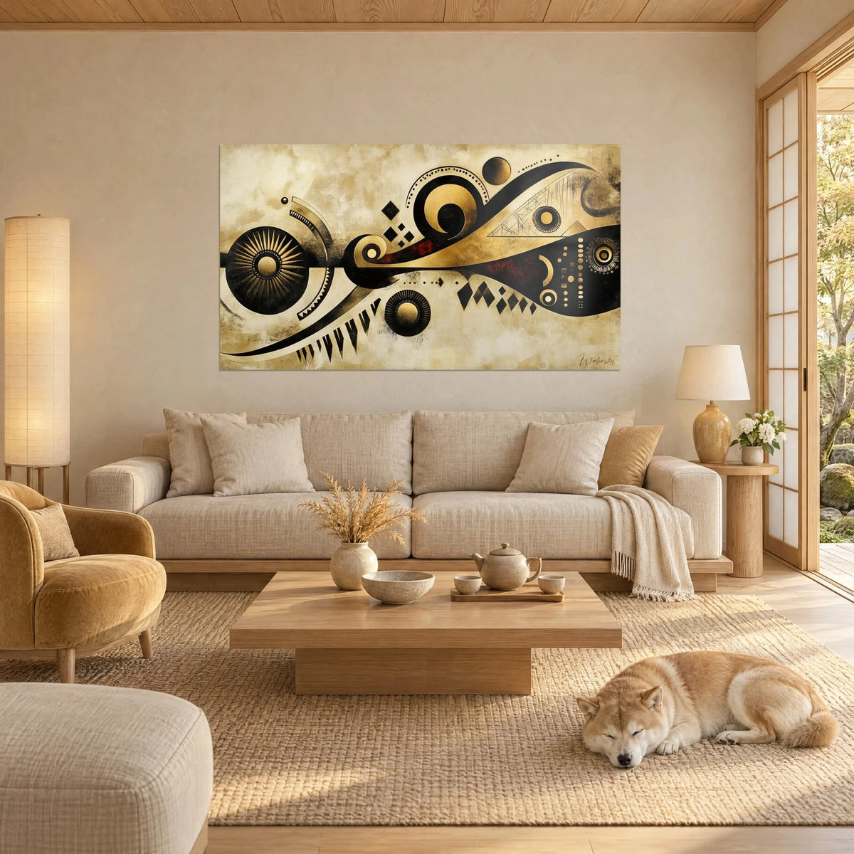 Tableau arabesques dorées et noires sur fond ivoire patiné, Shiba endormi, au-dessus d'un canapé dans un salon lumineux
