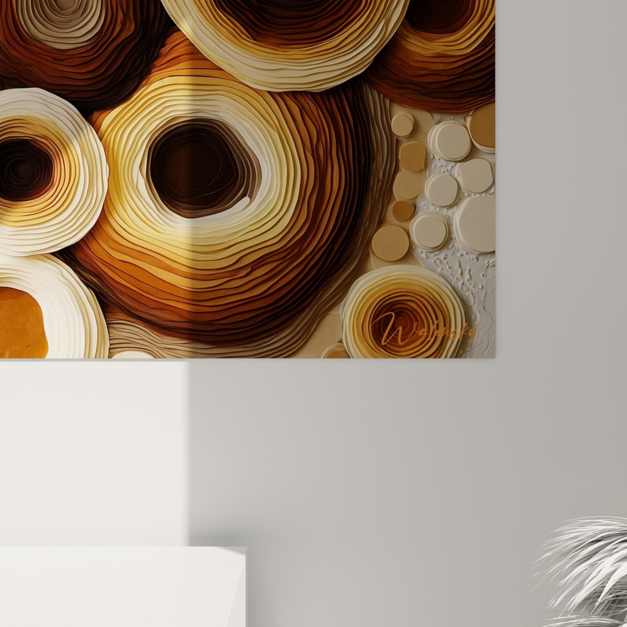 Tableau motifs circulaires tons terreux perspective salon decoration harmonieuse