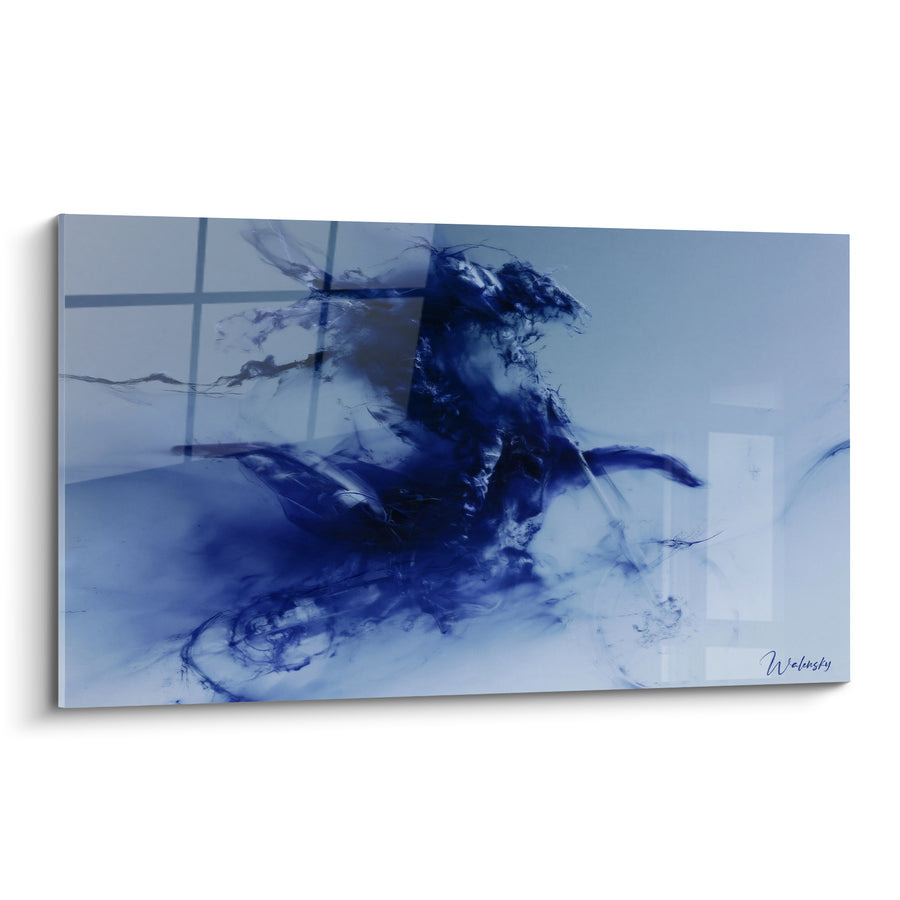 Tableau Motard bleu marine et gris en volutes d'encre - Silhouette fumée diluée - Edition Moto cross