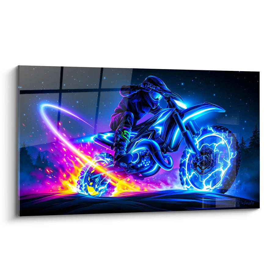 Tableau Motocross bleu néon et flammes violettes - Envol nocturne - Edition Moto cross