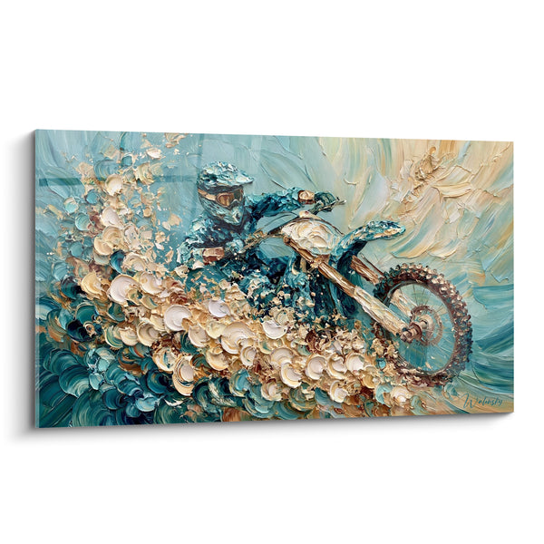 Schilderij Motorrijder blauw eendagshoen en goud in volle sprong - Aards opstijgen - Moto cross Editie
