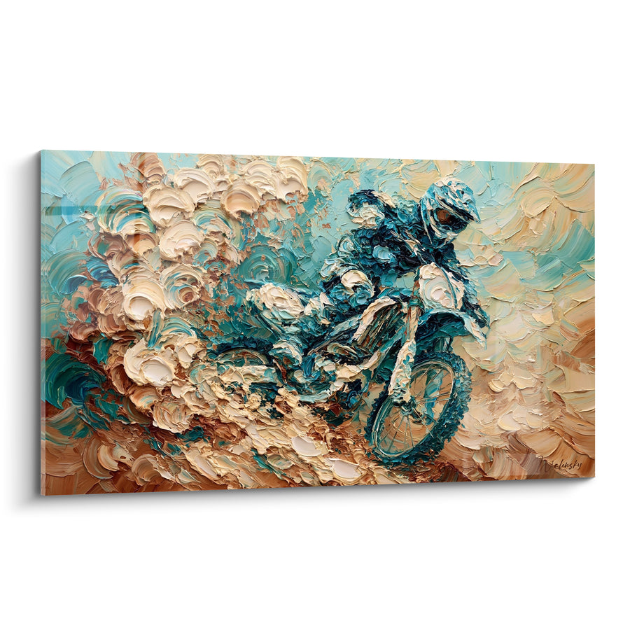 Tableau Motard bleu sarcelle et ocre en pleine glissade - Envol dans la poussière - Edition Moto cross