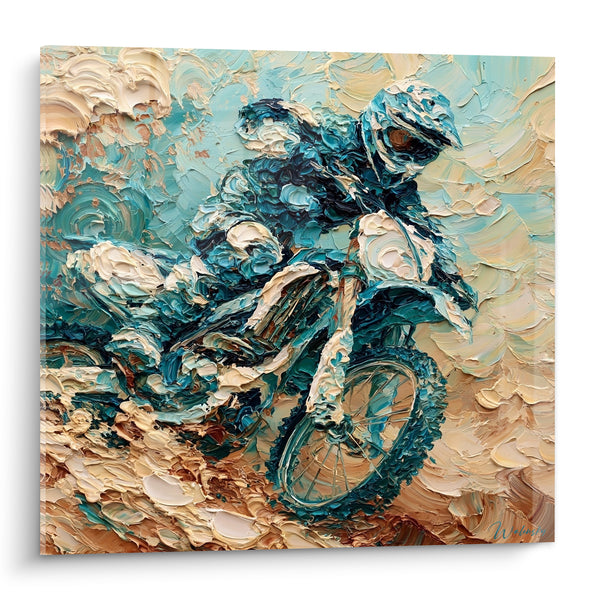 Tableau Motard bleu sarcelle et ocre en pleine action - Saut dans la poussière - Edition Moto cross
