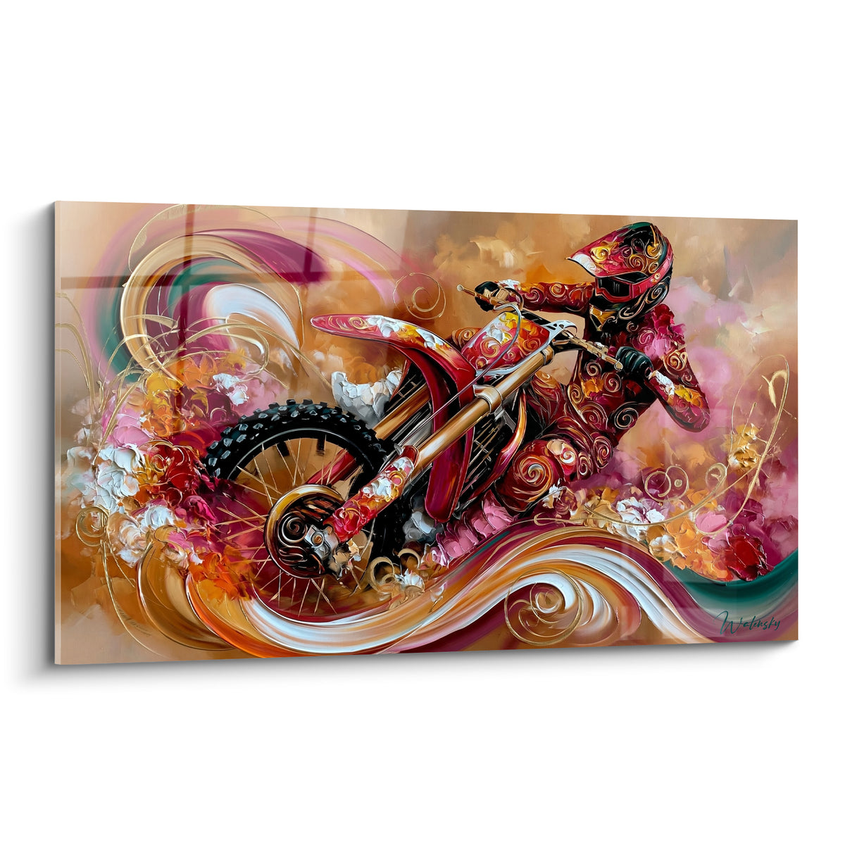 Motard bordeaux et doré en plein saut sur fond beige et rose, volutes florales peintes