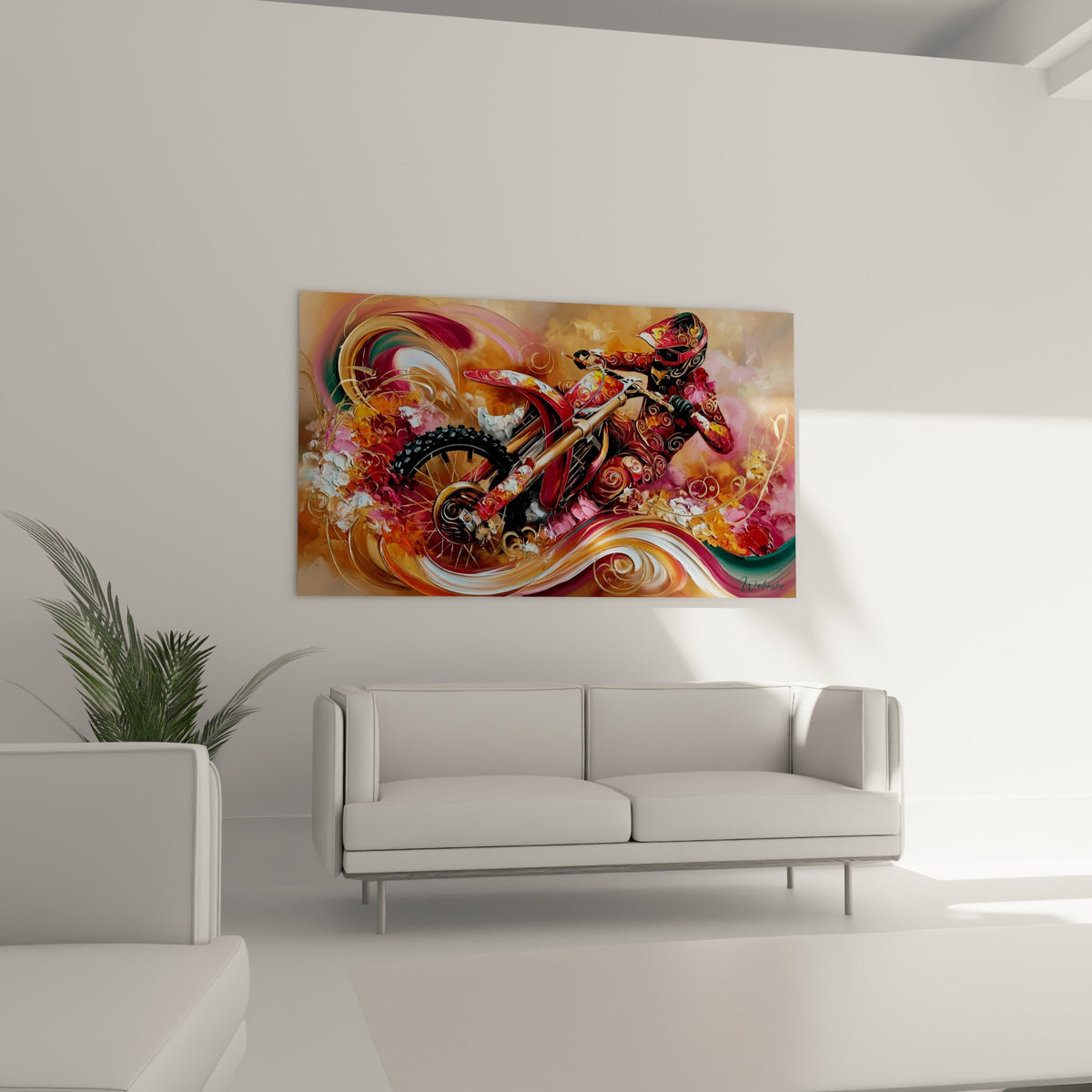 Casque et combinaison rouge ornés de fleurs dorées, suspendus au-dessus d'un canapé dans un salon lumineux