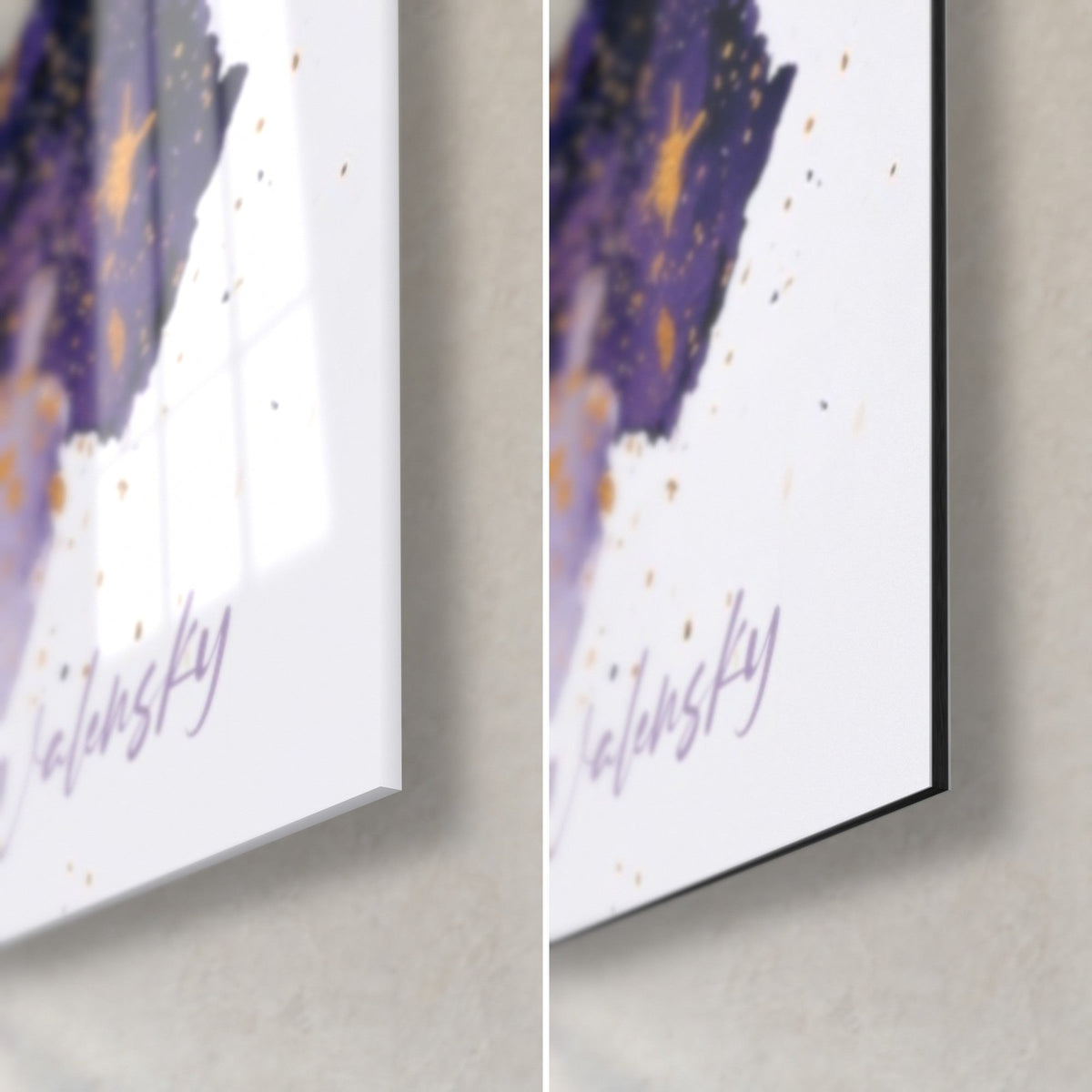 Tableau pilote de motocross, coin bas droit : verre brillant à gauche, Dibond mat noir à droite, signature Walensky lilas