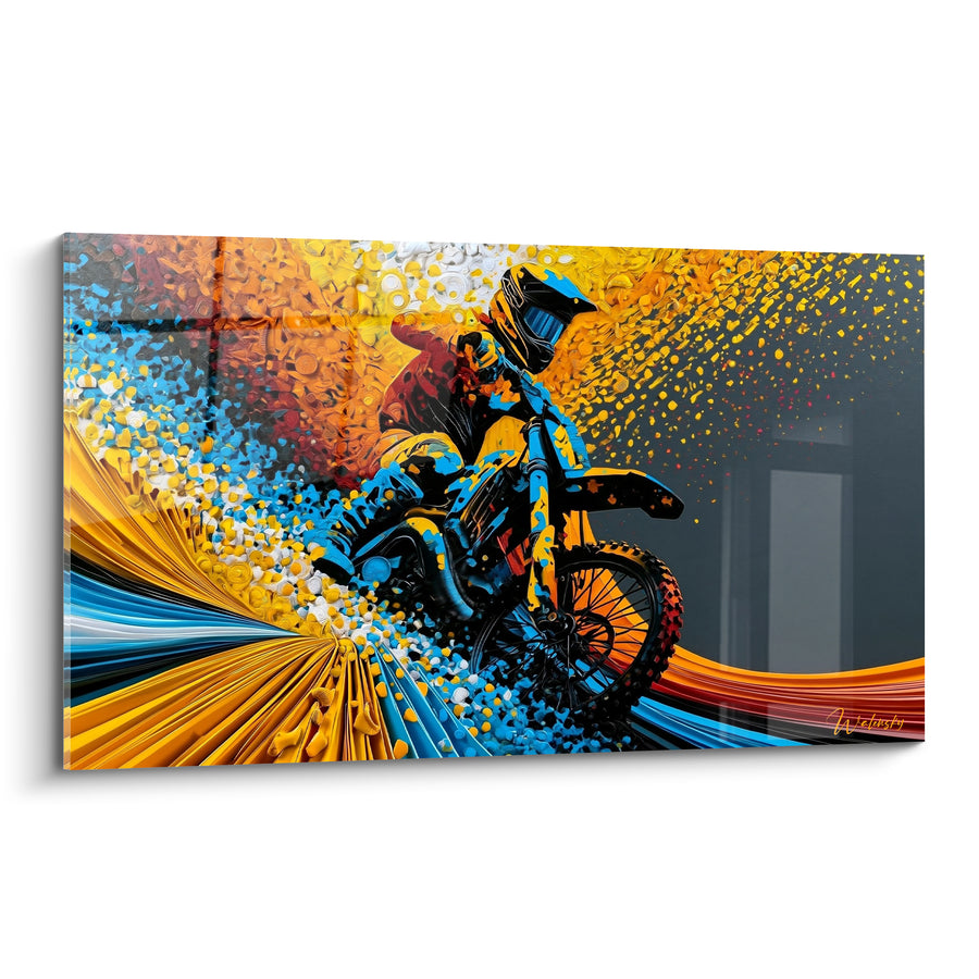 Tableau Motocycliste jaune et bleu en volutes pixelisées - Traînées de vitesse colorées - Edition Moto cross
