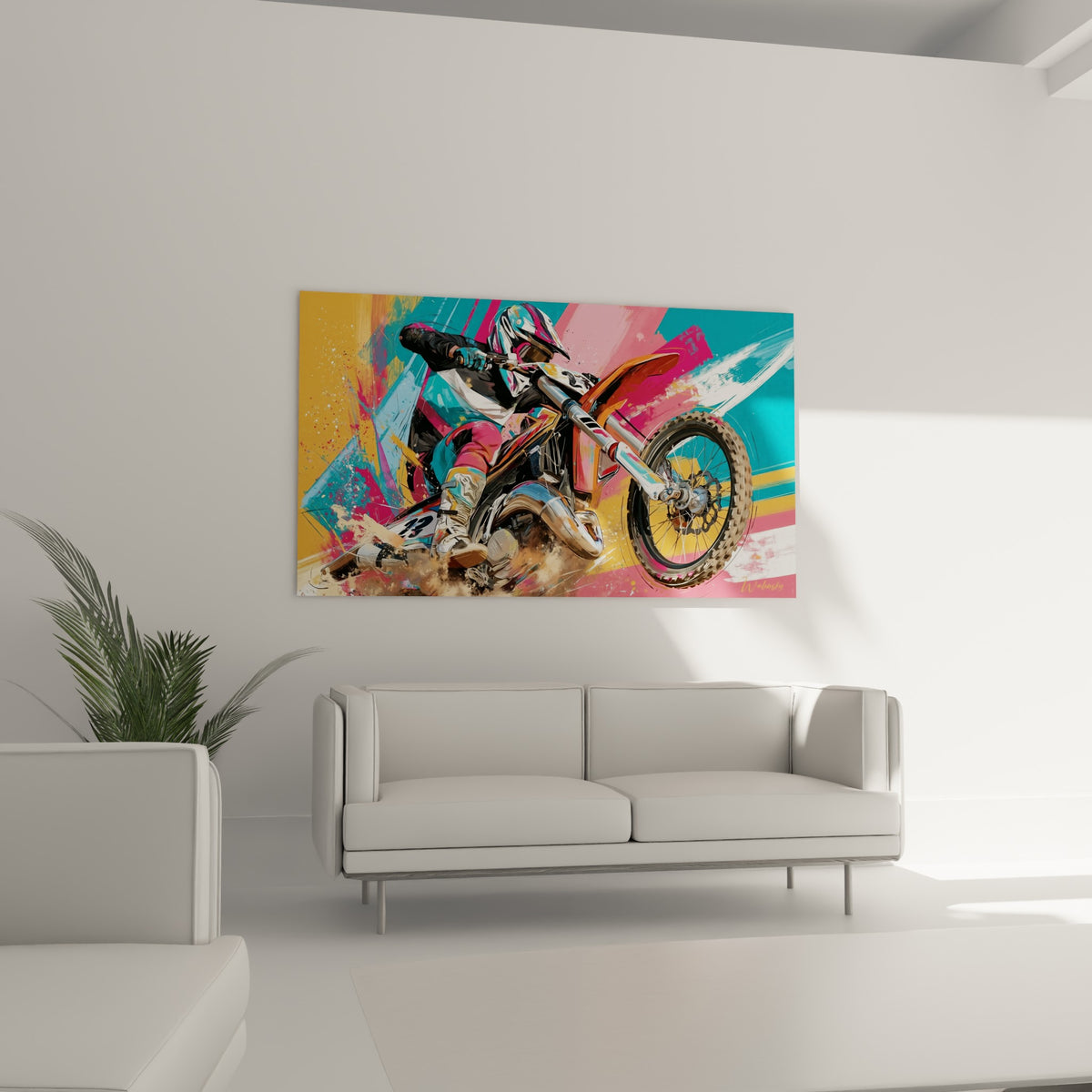 Course de moto cross saisie en pleine vitesse, éclaboussures blanches et bleu turquoise, au-dessus d'un canapé dans un salon lumineux