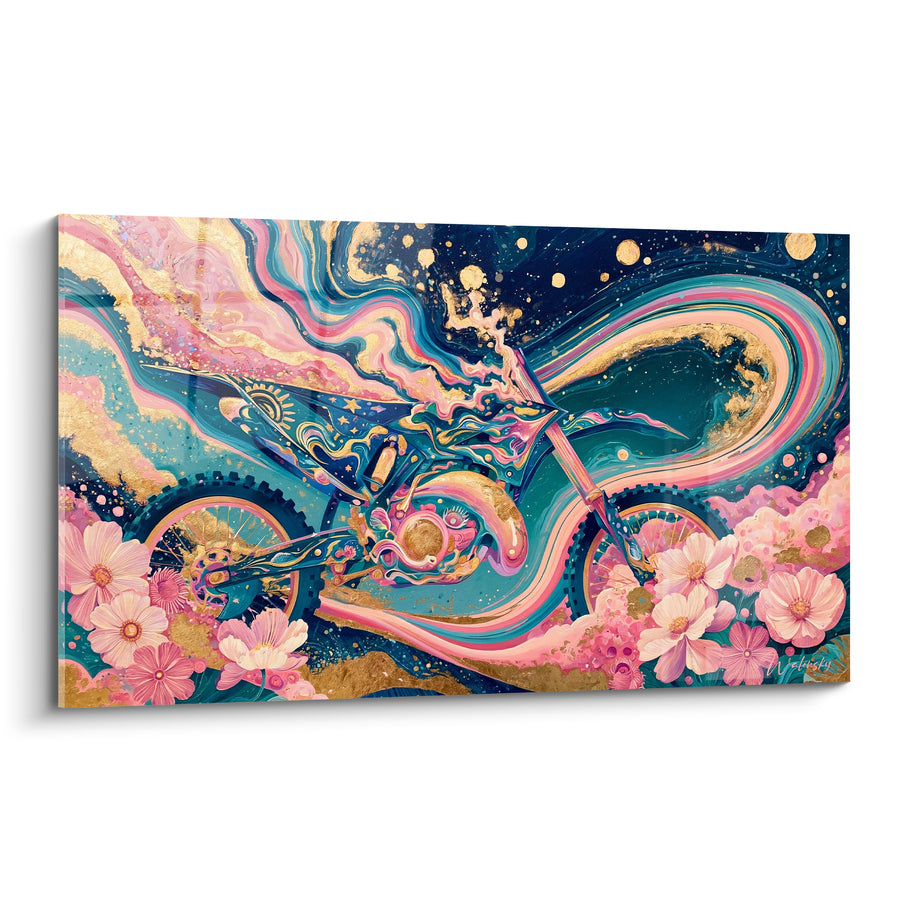 Tableau Moto cross fleuri bleu et rose doré - Évasion florale - Edition Moto cross